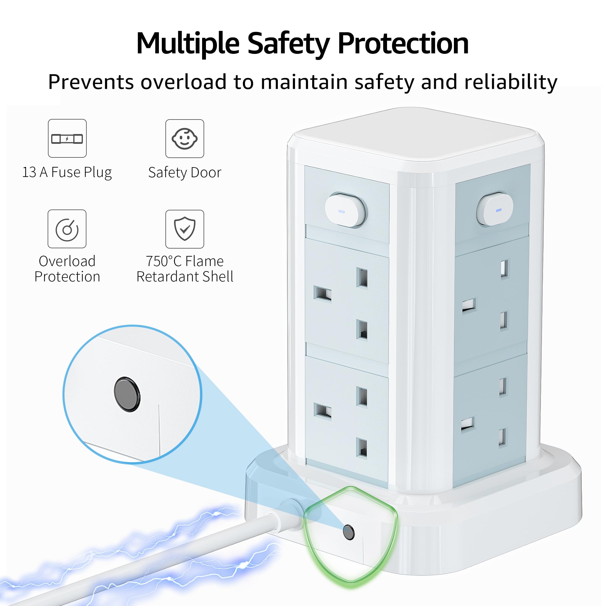 Tower Extension lead with USB Slots, Toomke 8 Way (13A/3250W) Plug Extension Socket Tower with 3 USB C and 3 USB A, Overload Protection Extension Cord with 4 Independent Switches, Power Cord 1.8M — view 4