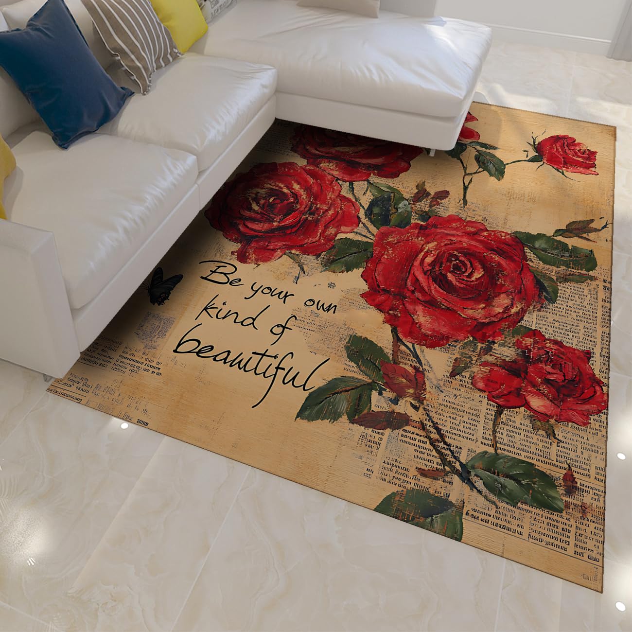 Tapis lavable à motif roses et papillons 160x200cm pour balcon et chambre