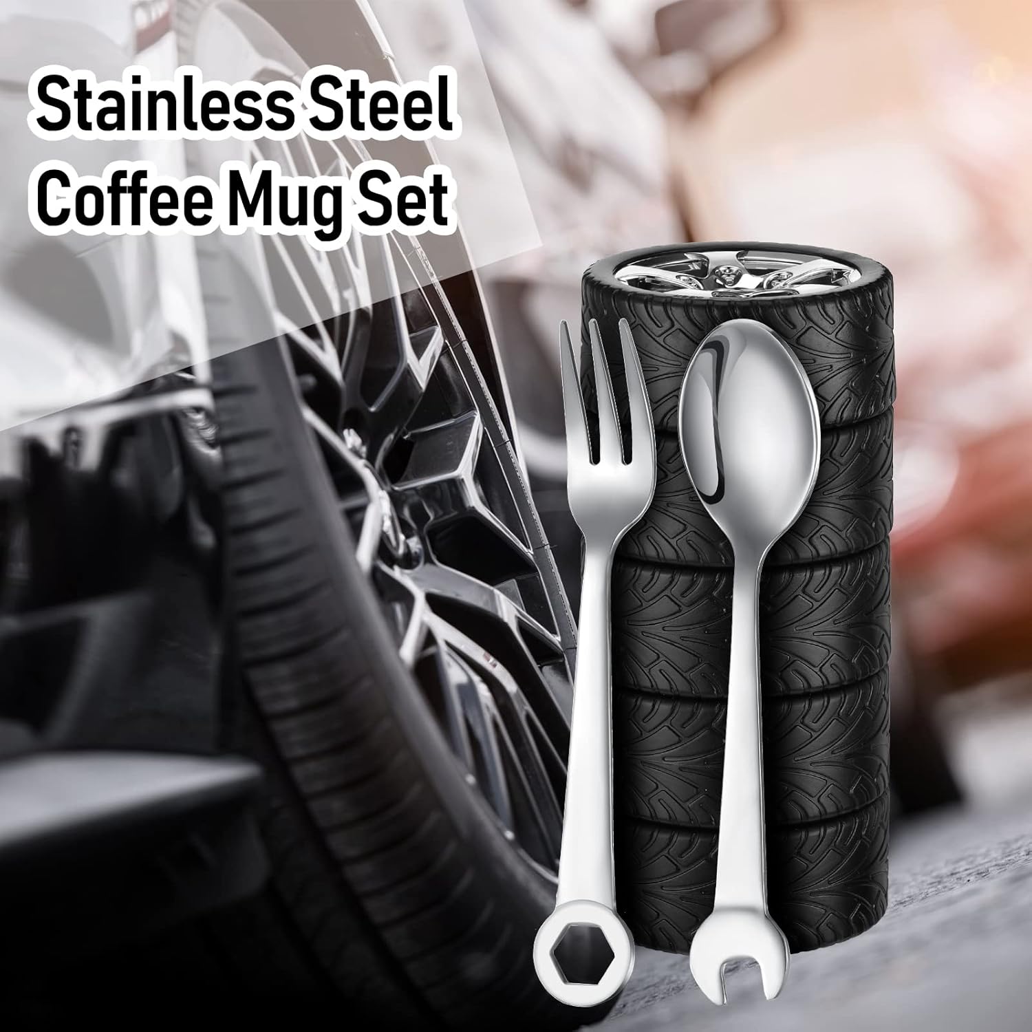 Yungyan 3 Pcs Tyre Water Bottle Gift for Man Valentine Car Coffee Mug Gifts Stainless Steel Coffee Tea Mug with Tool Fork and Spoon for Fathers Day Car Lover Birthday Gift - Image 5