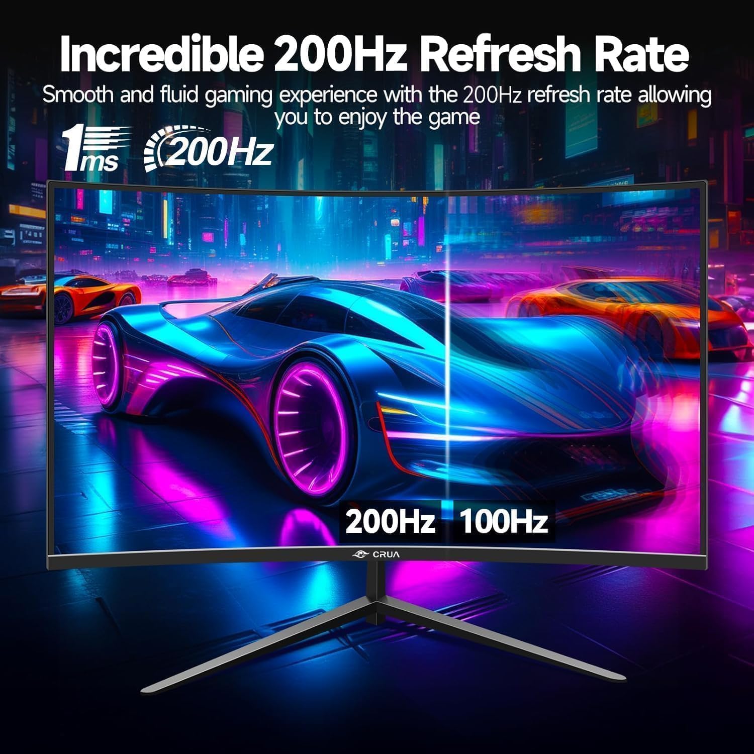 CRUA Gaming incurvé Écran 27 Pouces 200 Hz, FHD 1080P 1800R Moniteur PC, 1 ms GTG avec FreeSync, Faible Flou de Mouvement, Protection des Yeux, VESA, DisplayPort, HDMI,