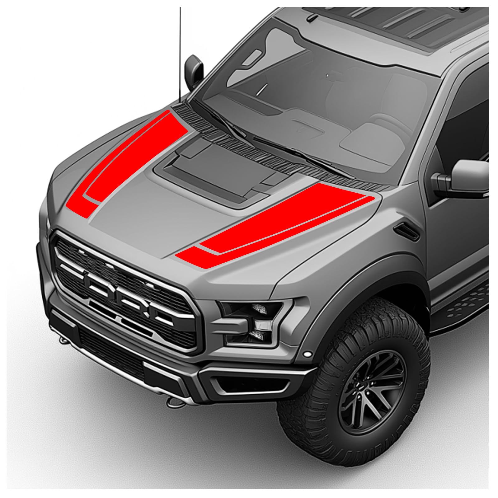 Hood Blackout Racing Stripes Vinyl Decal Sticker Kit- Compatible with Ford F150 Raptor 2014-2020 (Style 5, Red)