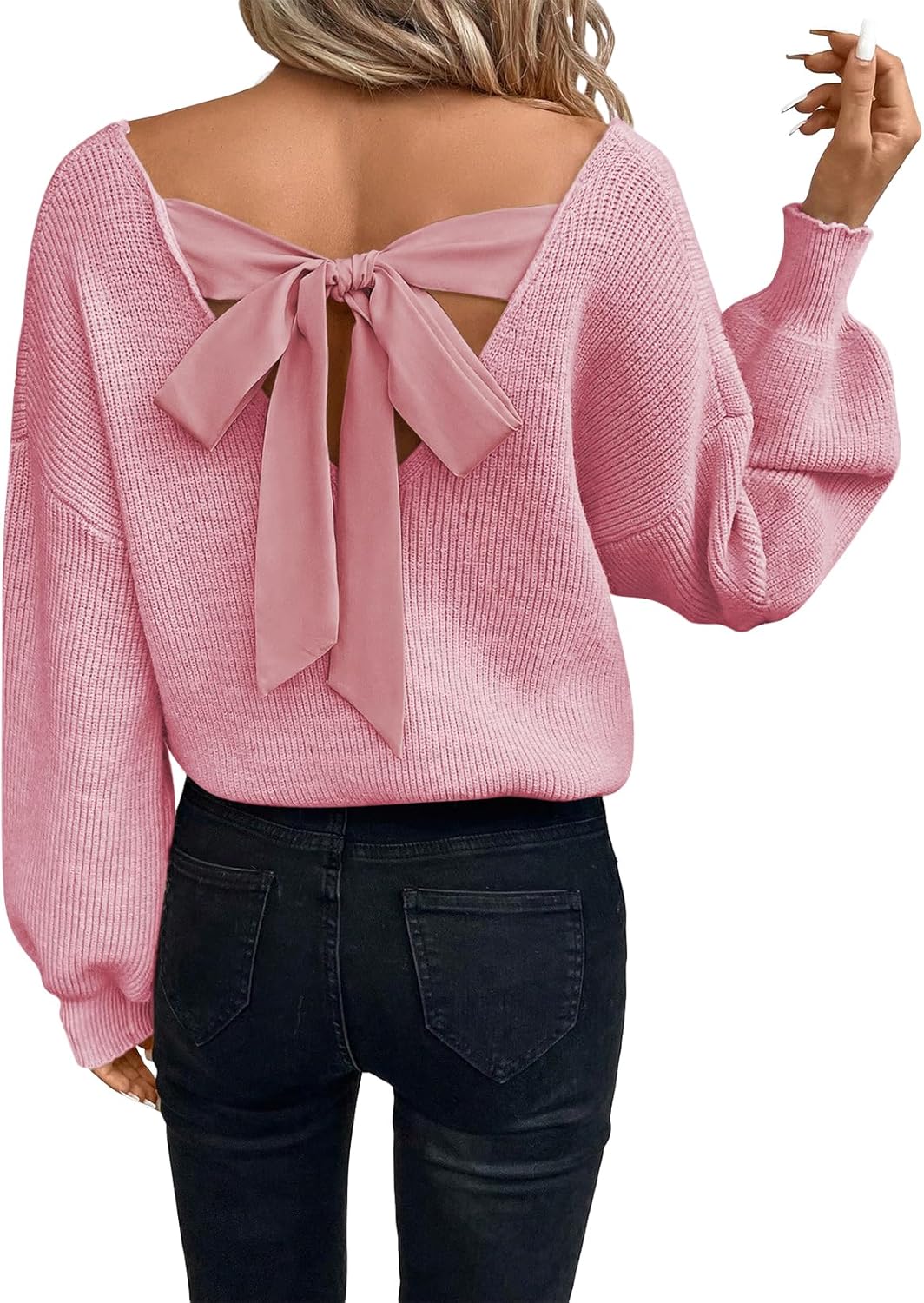 Womens Pullover Sweaters Casual Long Sleeve V Neck Loose Fit Knit Tops