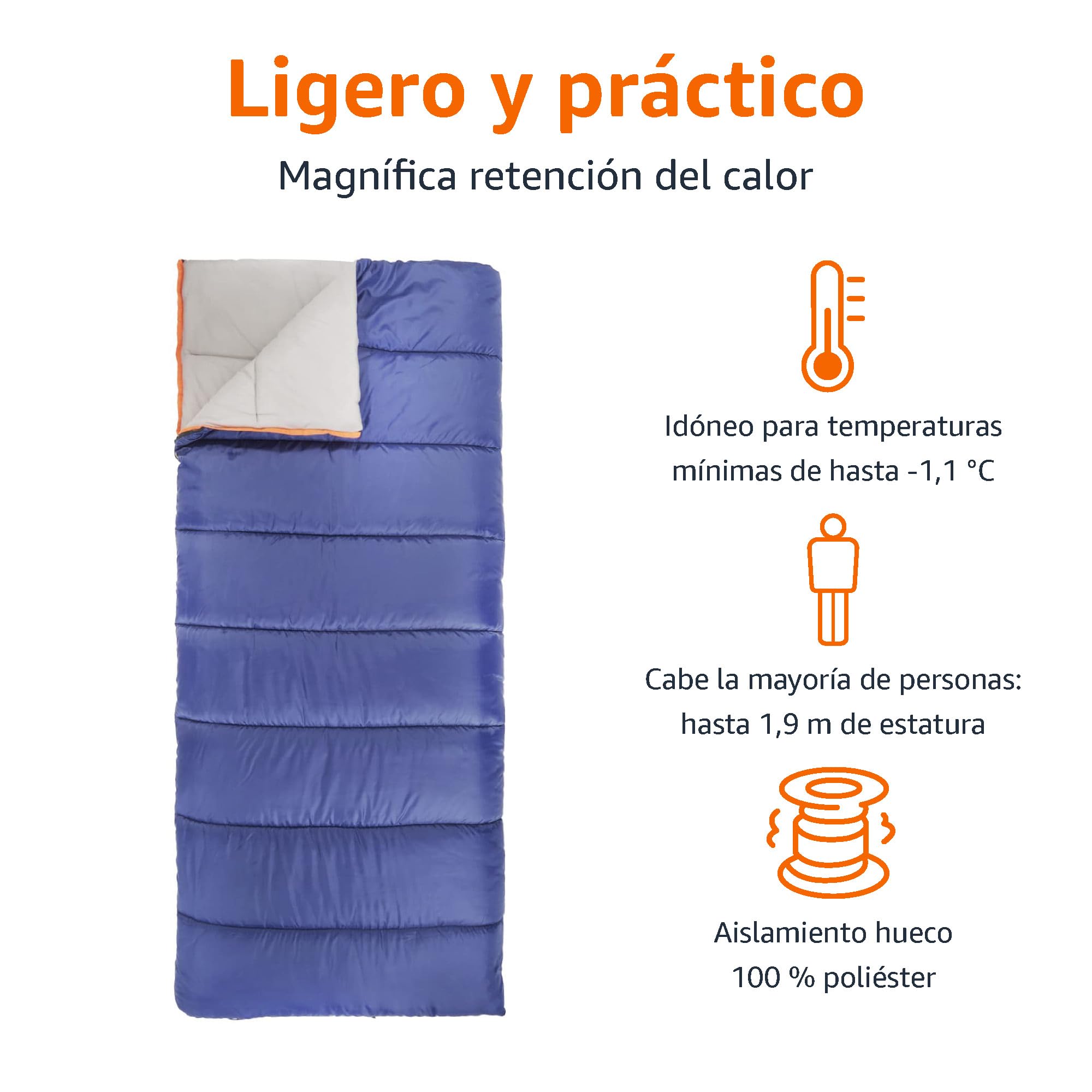 Amazon Basics Saco de Dormir Ligero, 4 Estaciones, para Clima Frío y Cálido, Camping y Senderismo, 190 x 83 cm, Azul
