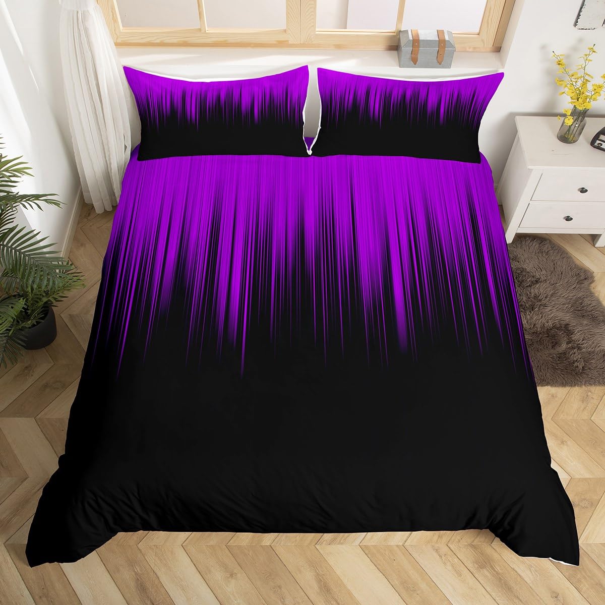 Black and Purple Duvet Cover King Size Abstract Ombre Bedding Set Black Reversible, Modern Gradient Comforter Cover 3-Piece Kids Room Decor