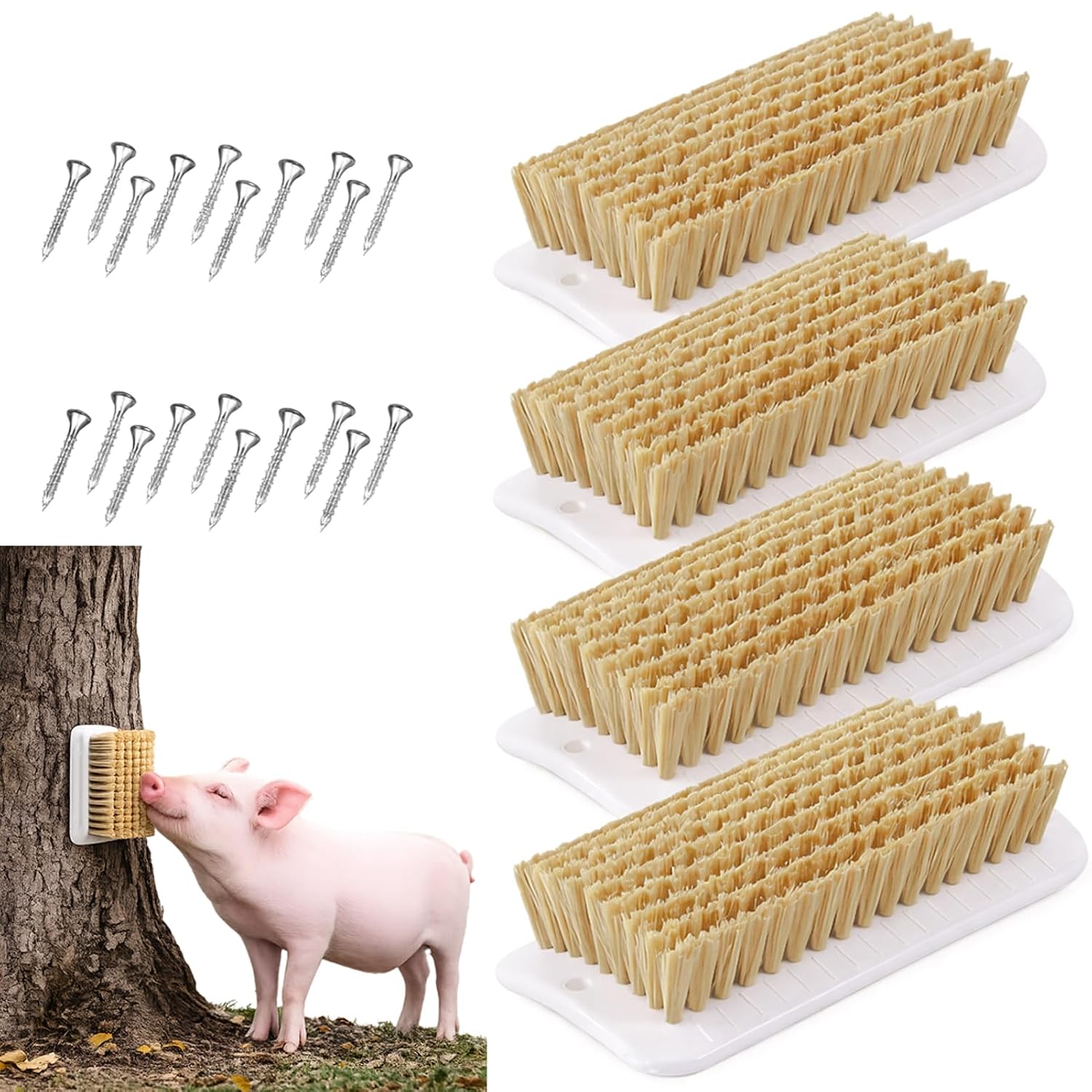 4Pcs Pig Enrichment Toy, 2-in-1 Pigs Self Grooming and Scratch Brush | Mini Pig Toys, Easy Install with Screws for Pens, Barns, Yards