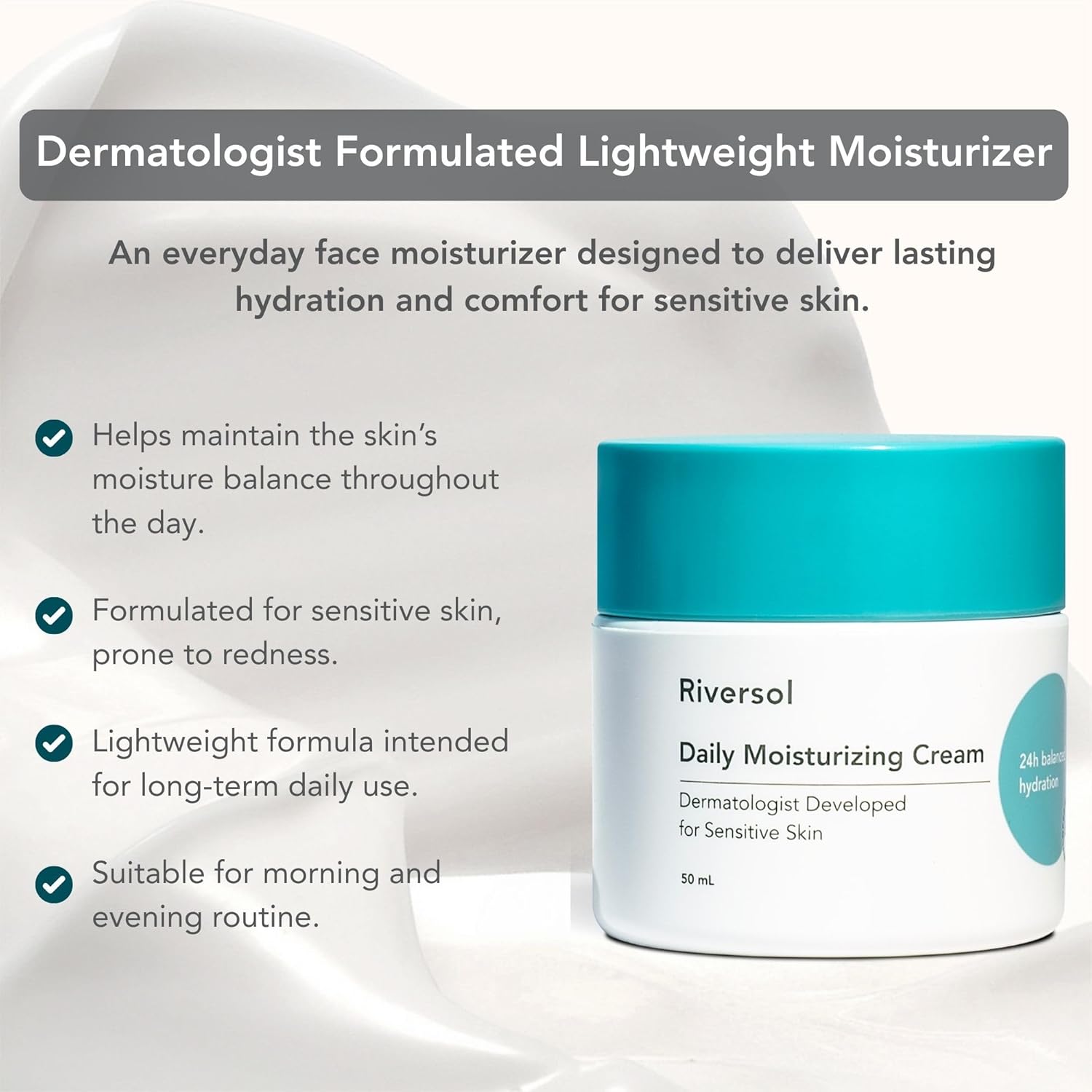 Riversol Daily Face Moisturizer for Normal to Dry & Rosacea-Prone Skin | Fragrance Free Lightweight Hydrating Cream | Redness Relief w/Vitamin C & E | Dermatologist Developed | 4 Month Supply