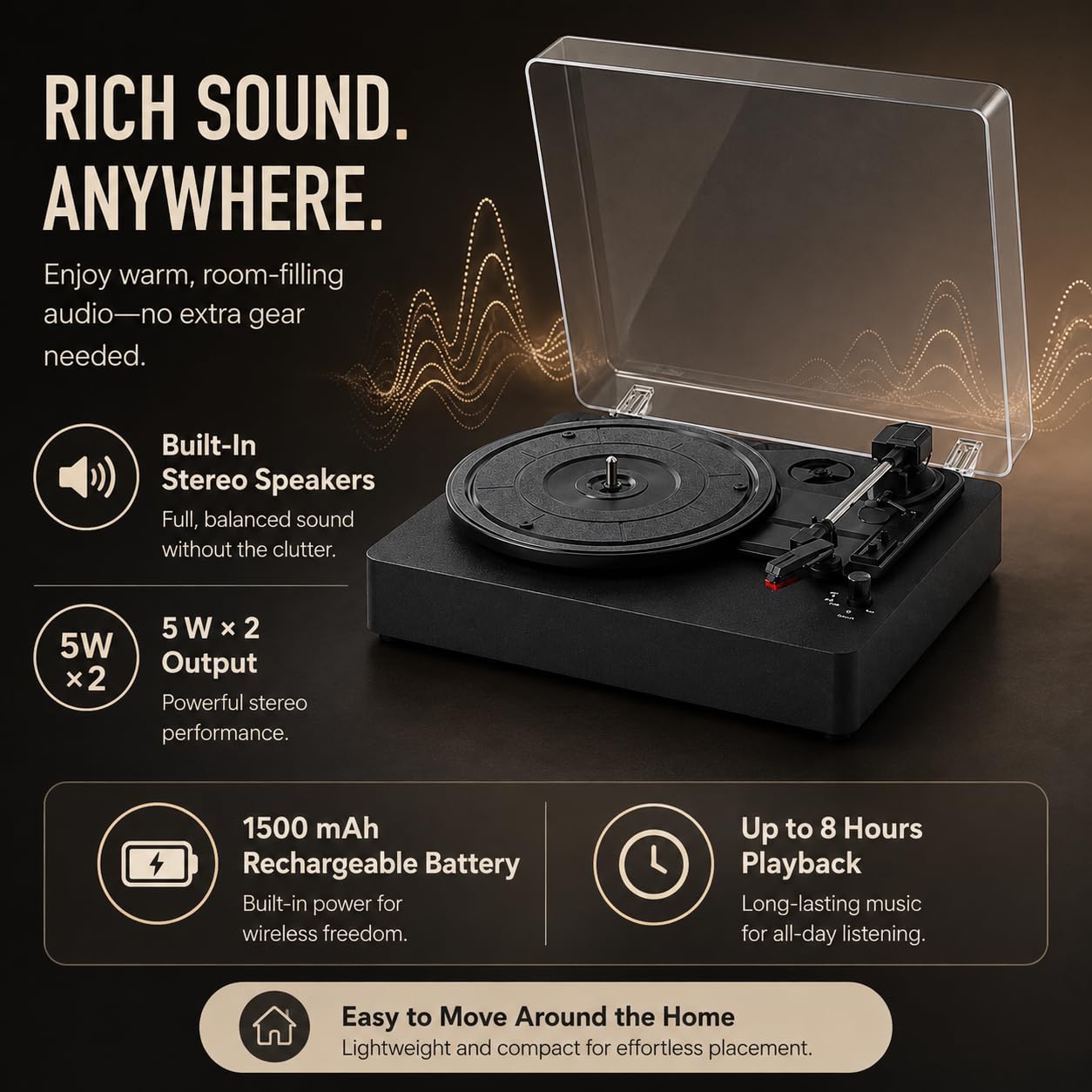 Platine Vinyle Bluetooth avec Haut-parleurs intégrés et Batterie