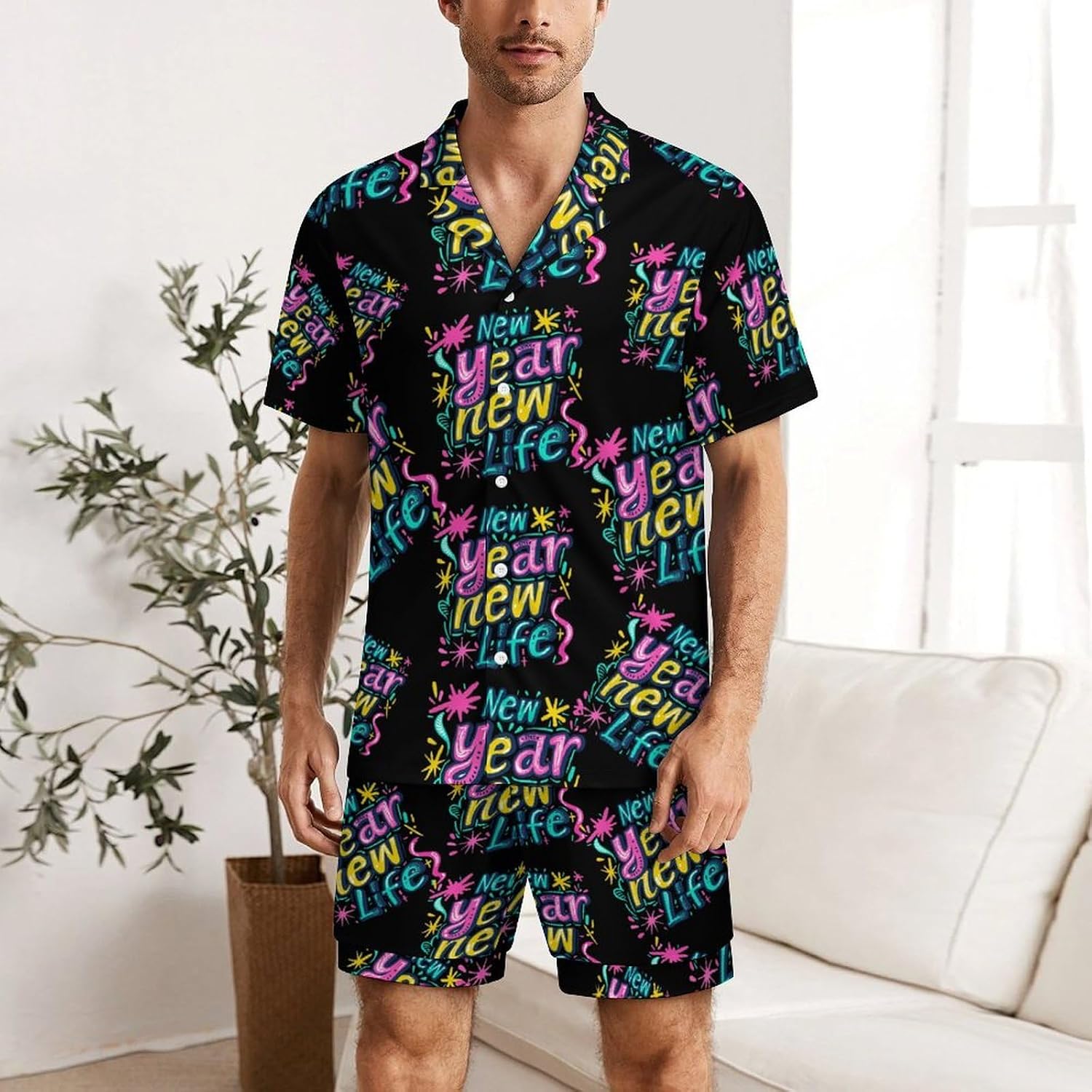 Happy New Year New Life Men's Short Sleeve Pajama Set Satin Silk Like Lounge Sleepwear