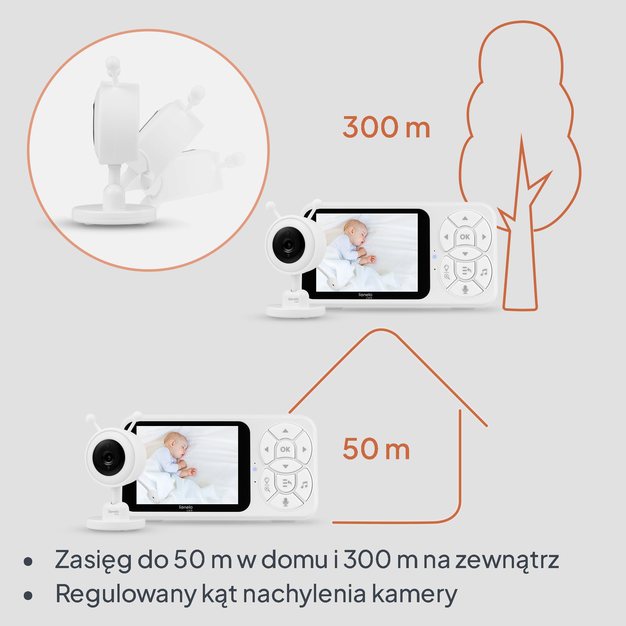 Lionelo Babyline 3.4 Wideoniania Niania Elektroniczna z Kamerą bez Wi-Fi z Nocną Noktowizją, LCD 3,5 Cala, VOX i Interkom, Zoom 4x, Alarm Płaczu i Temperatury, Kołysanki, Kabel 2,8 m, Bateria 3000 mAh