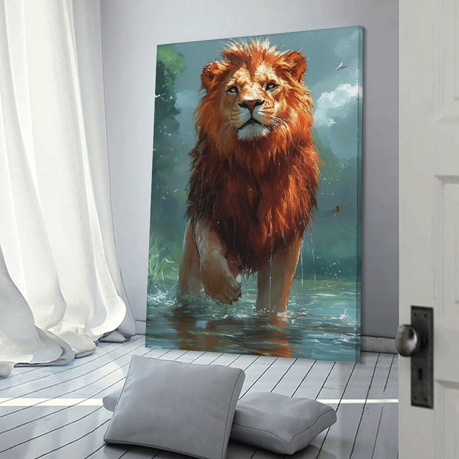 Junmoney Majestic Lion in Water Decorative Canvas Print 20x30inch(50x75cm), for Flats, Guest Rooms Or Compact Rooms, Home Artwork for Modern Interiors