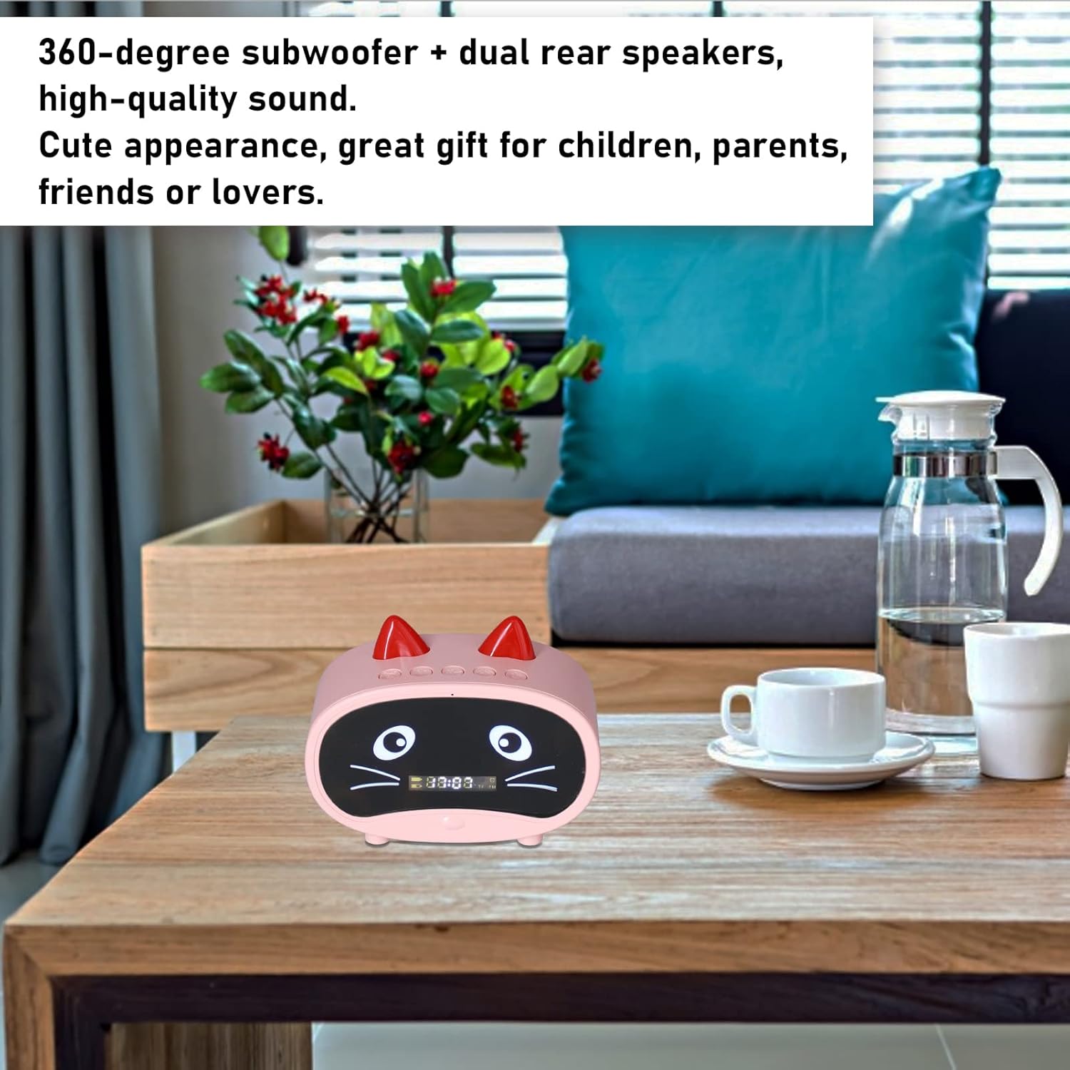 Mini Cartoon Speaker with Dual Alarm Clocks, Multifunctional Cute Cat Ear Design for Bedroom Office Green/2257(Light Red)