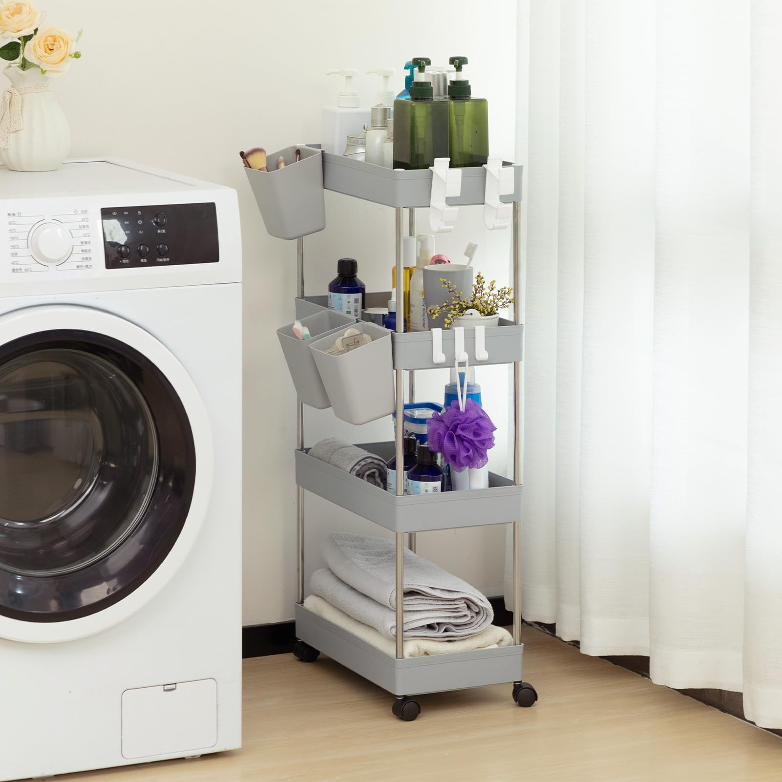 DOEWORKS Carrelli Portaoggetti con Tazze Appese Carrello Cucina a 4 Ripiani, Organizer Carrello Scaffale con Ruote per Cucina Bagno Ufficio, Grigio