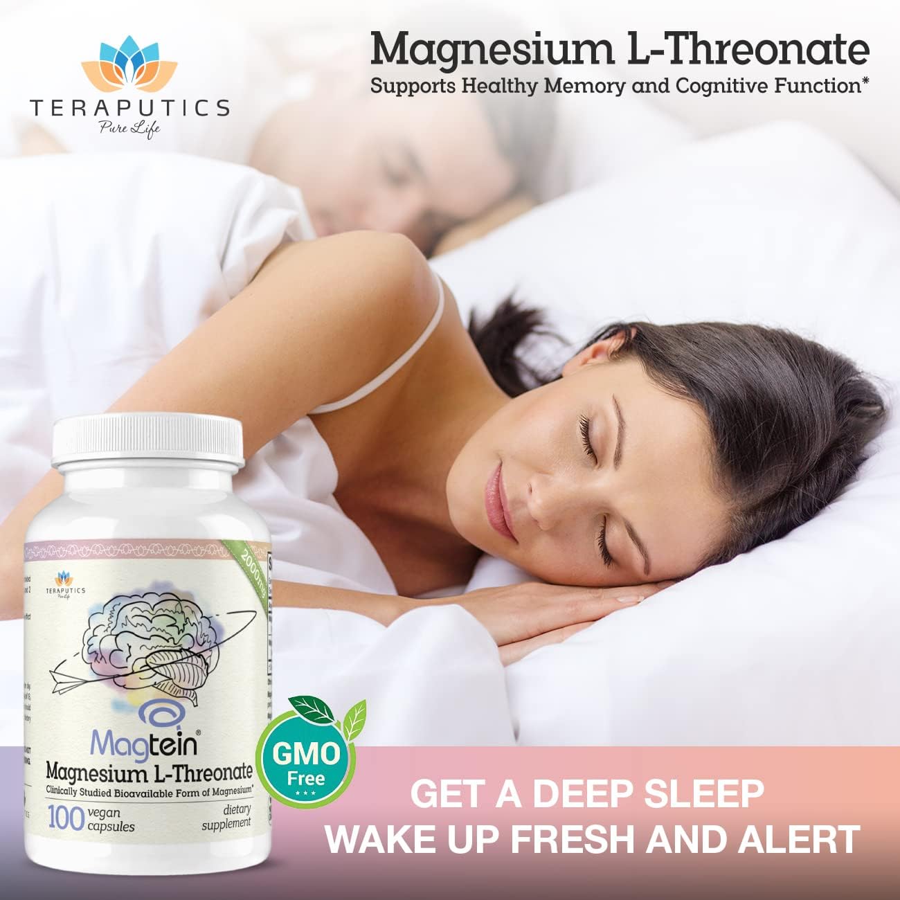 Magnesium L Threonate (Original Magtein Formula) - Non-GMO Highly Absorptive Pure Magnesium Supplement - 2000 mg - 100 Vegan Capsules - A Vitamin for Cognition - Pills are Without Laxative Properties