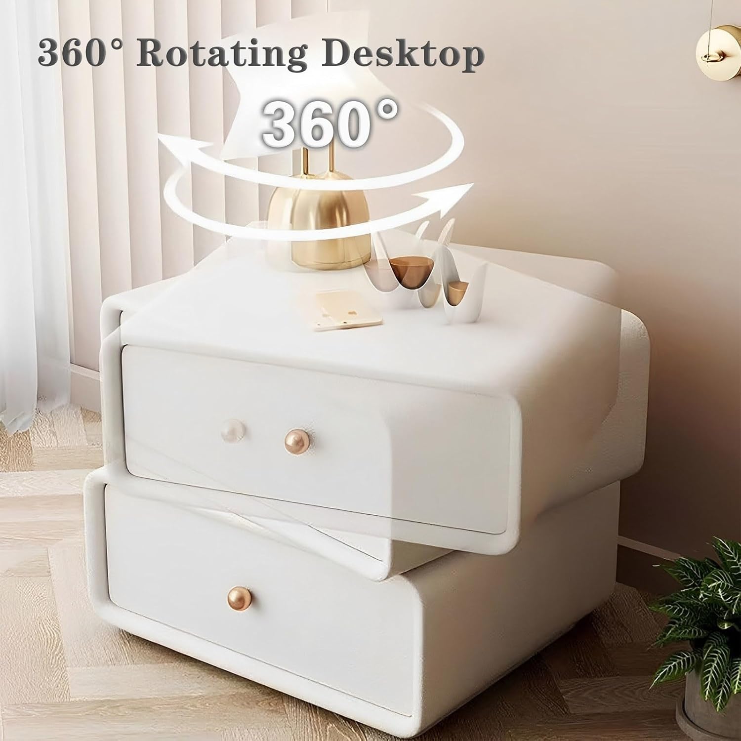 Beige Nightstand With 2 Drawers Night Stand 360° Rotating Desktop Bed Side Table With Solid Wood Legs Side Table With Metal Handles Modern Style Assembly Completed For Living Room Bedroom ( Color : Be