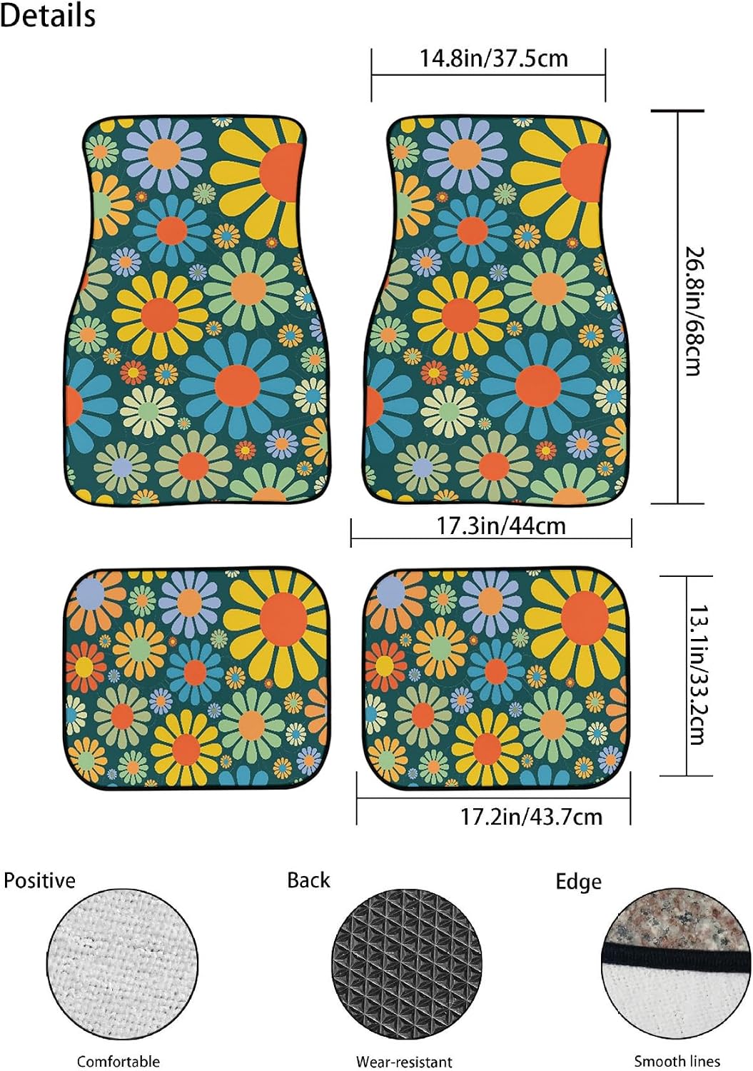 Colorful Hippie Flower Car Floor Mats Set of 4,Abstract Tropical Floral Seamless Pattern Cute Flowers Vehicle Front Rear Carpets Mats Universal Car Floor Rugs Car Accessories for Van Truck image 2