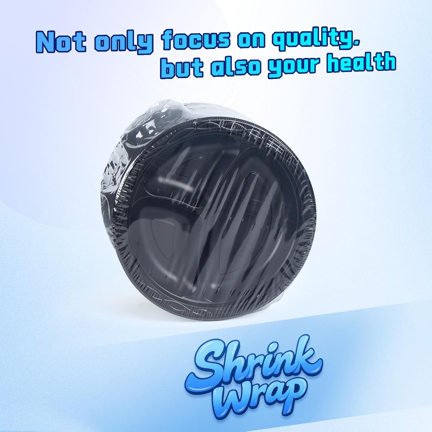 YANGRUI Disposable Plates 10" 150 Pack - Shrink Wrap BPA Free Mineral Filled PP Reusable Microwave Safe | Calcium Carbonate Reinforced Freezer Ready | Commercial Black 3 Compartment Plastic Plate