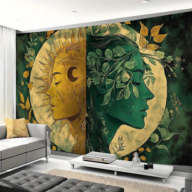 FENDROM Psychedelic Hippie Sun and Moon Tapestry for Bedroom Aesthetic, Fantasy Trippy Mystic Floral Face Vintage Decor Tapestries Wall Hanging