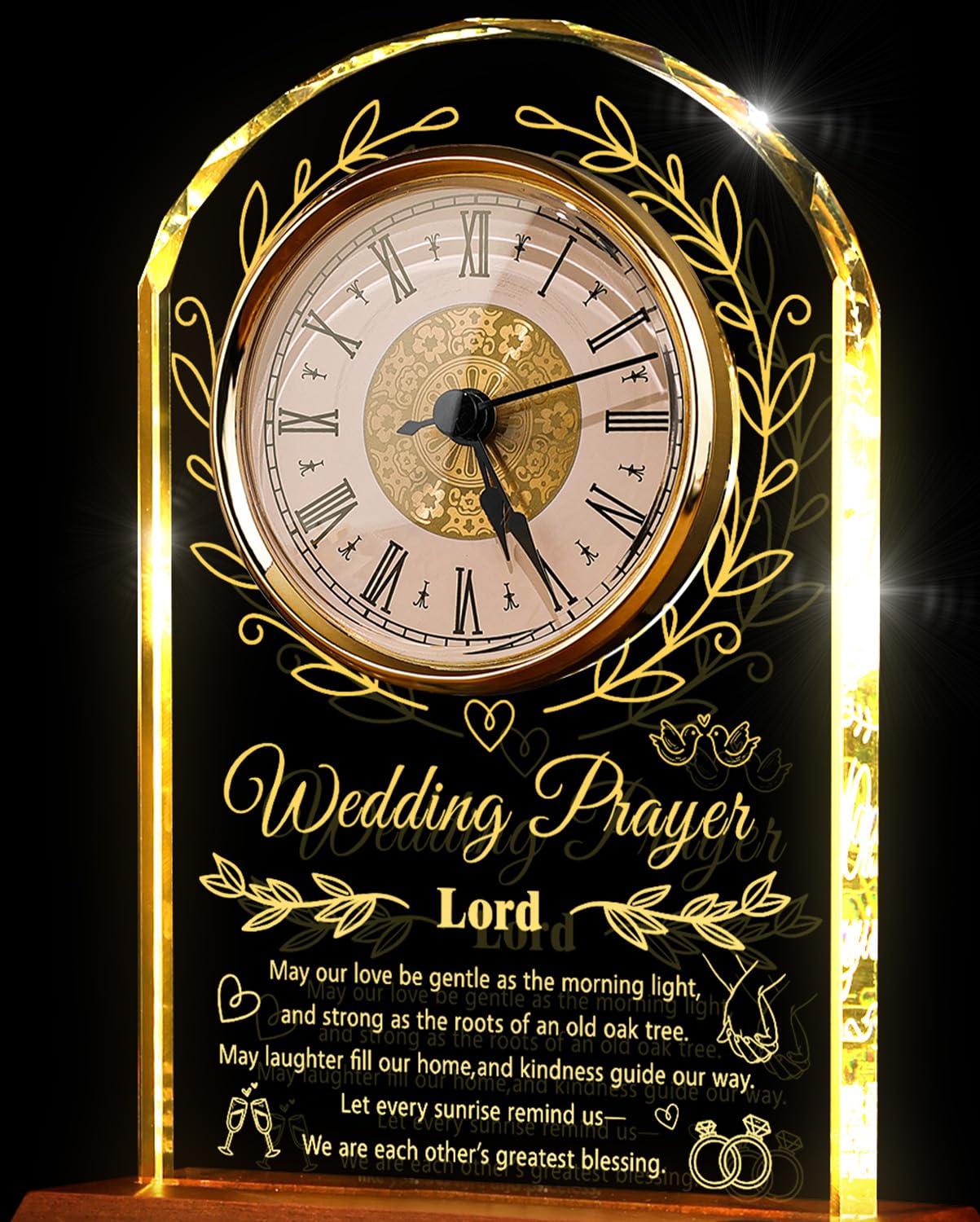 Reloj de cristal para parejas 2026 con base de luz de madera, regalo de matrimonio de feliz aniversario, regalo único de compromiso para recién casados, señor y señora