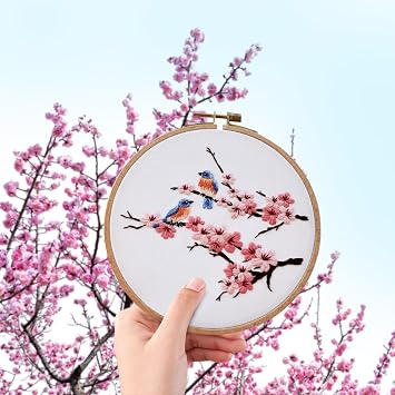 Biweutydys Needlepoint Kits for Adults Birds on Cherry Blossom Branches Pattern Cross Stitch Kits Cherry Blossom Flowers Hand Embroideried Kit with Embroidery Hoop and Instruction Mothers Day Gift