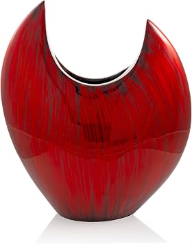Acentuada Pointed Cast Aluminum Decorative Vase Hand-Applied Red Glaze Enamel Finish with Unique Crimson Streaking, Polished Silver Rim, Felted Base, Modern Sculptural Accent, Slim or Fat Design