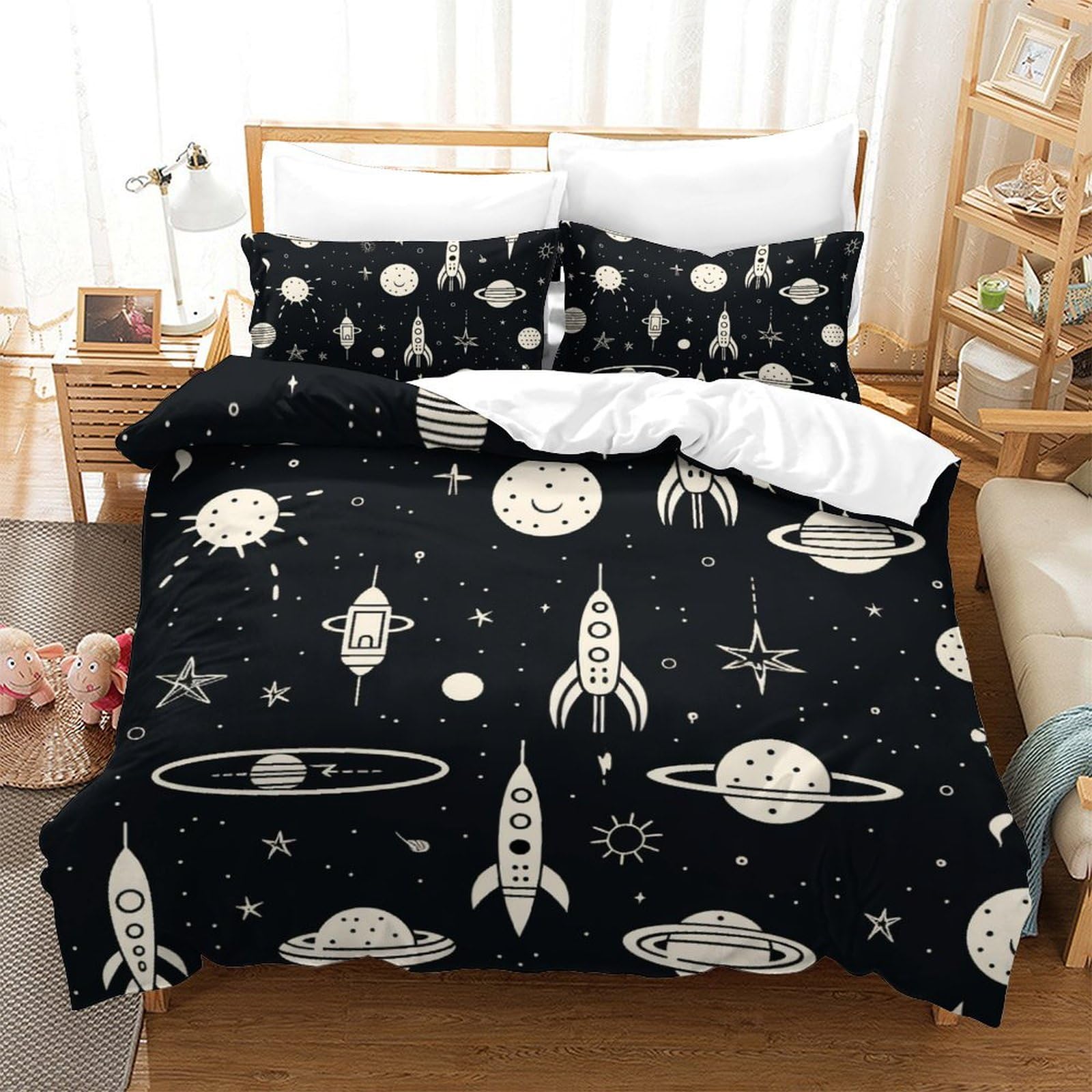 Parure de lit 3D univers en microfibre douce anti-plis pour lit double 200x200 cm