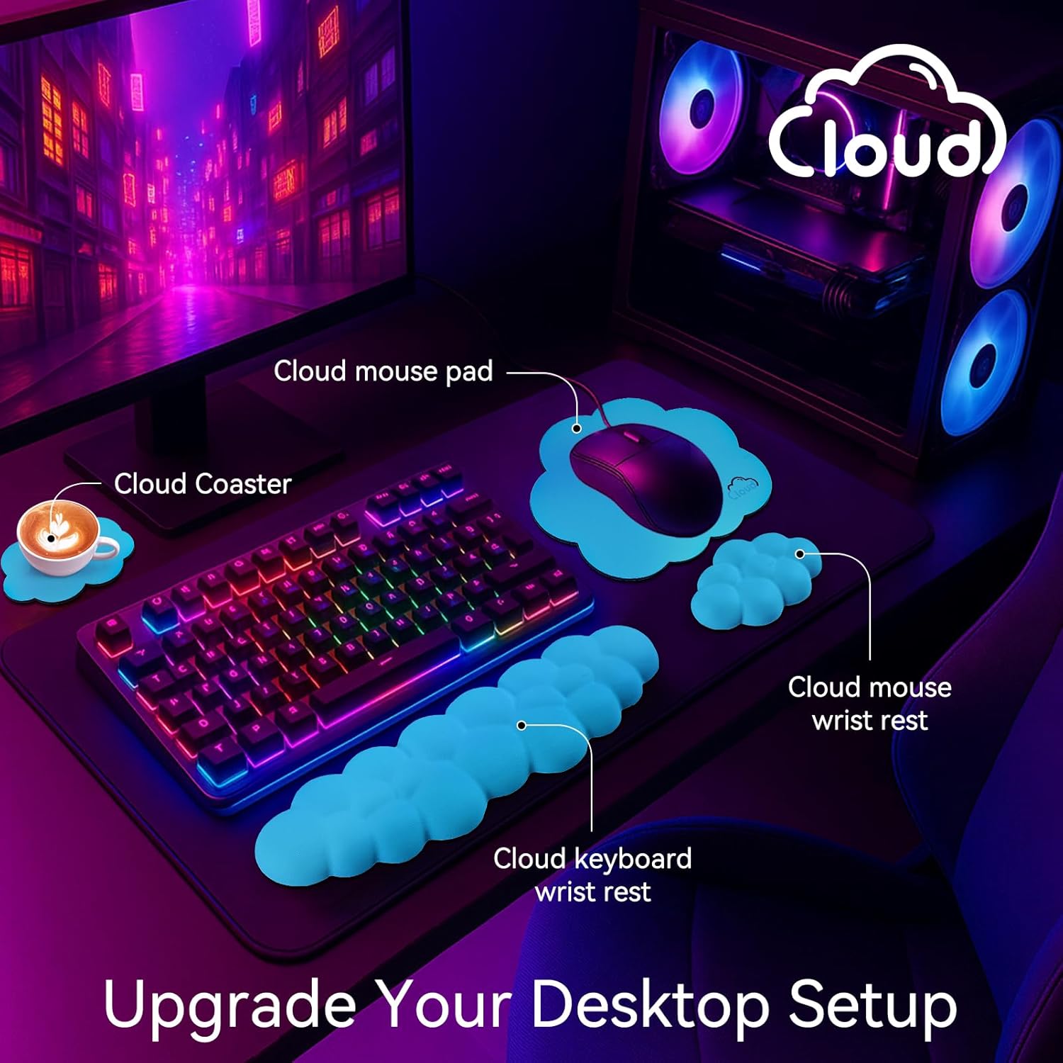 Sushret Cloud Wrist Rest for Computer Keyboard, 4-in-1 Memory Foam Leather Cloud Keyboard Wrist Rest and Mouse Pad Set with Ergonomic Support for Arm and Palm Cushion, Gaming/Work Setup, Scuba Blue