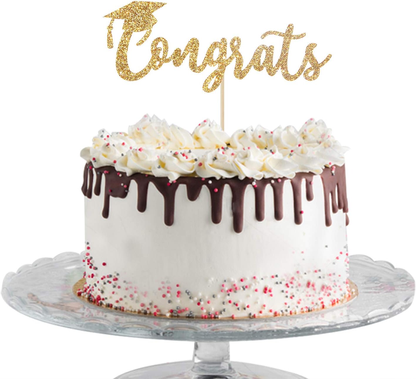 Gold Glitter Congrats Cake Topper - Congrats Grad Cake Decor - 2026 High School/College/Senior Graduation Party Decorations Supplies