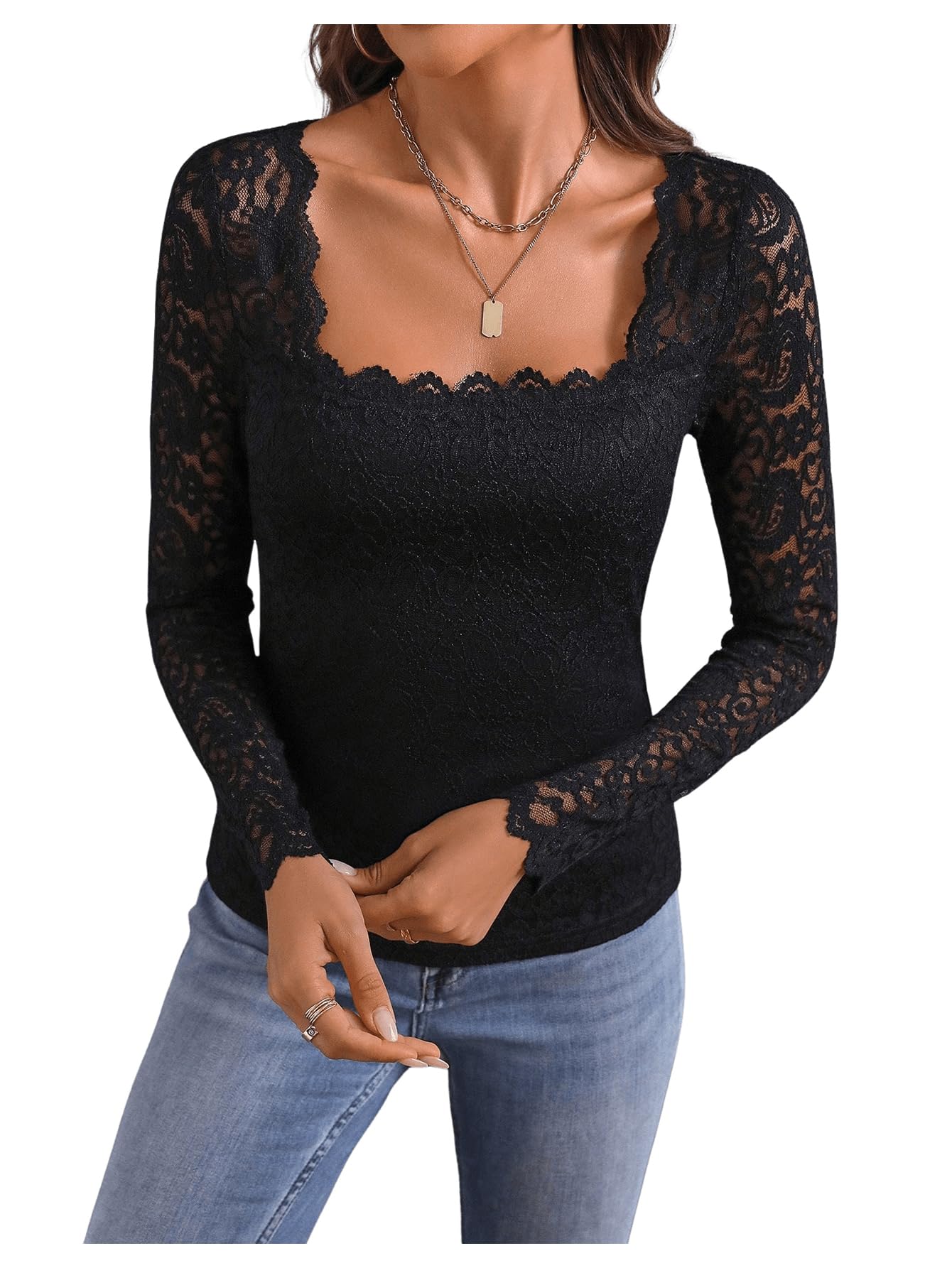 GORGLITTER Camicia da donna in pizzo, elegante, a maniche lunghe, in pizzo, vintage, a maniche lunghe, per feste