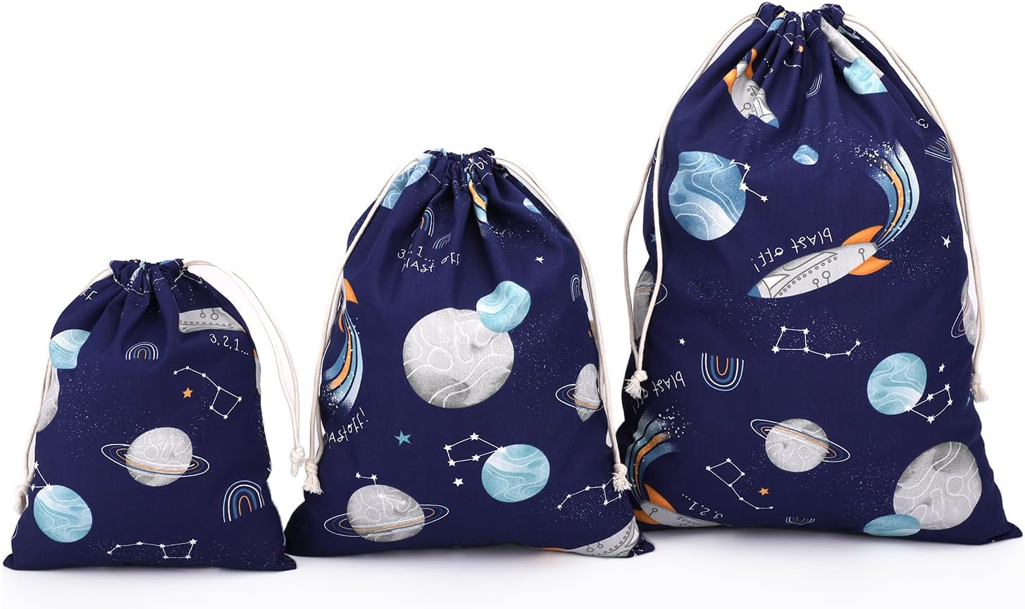 Cotton Drawstring Bag Sets 3pcs, Kids Storage Bags for Toys, Shoe, Cloth, Food, Snack, Travel Organiser Pouch, Rocket Space
