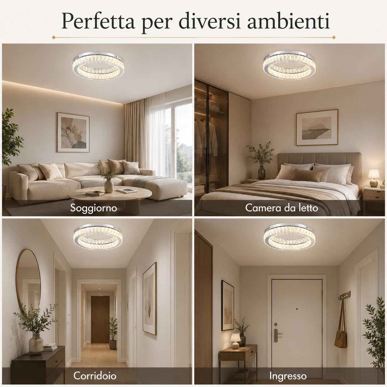 Finktonglan 45 cm Runde Kristall LED Deckenleuchte, Dimmbar, 3000-6500K | 48W Integrierte LED, 5%-95% Dimmung, Fernbedienung und App, Nachtlicht, Timer und Speicherfunktion für Wohnzimmer und Küche