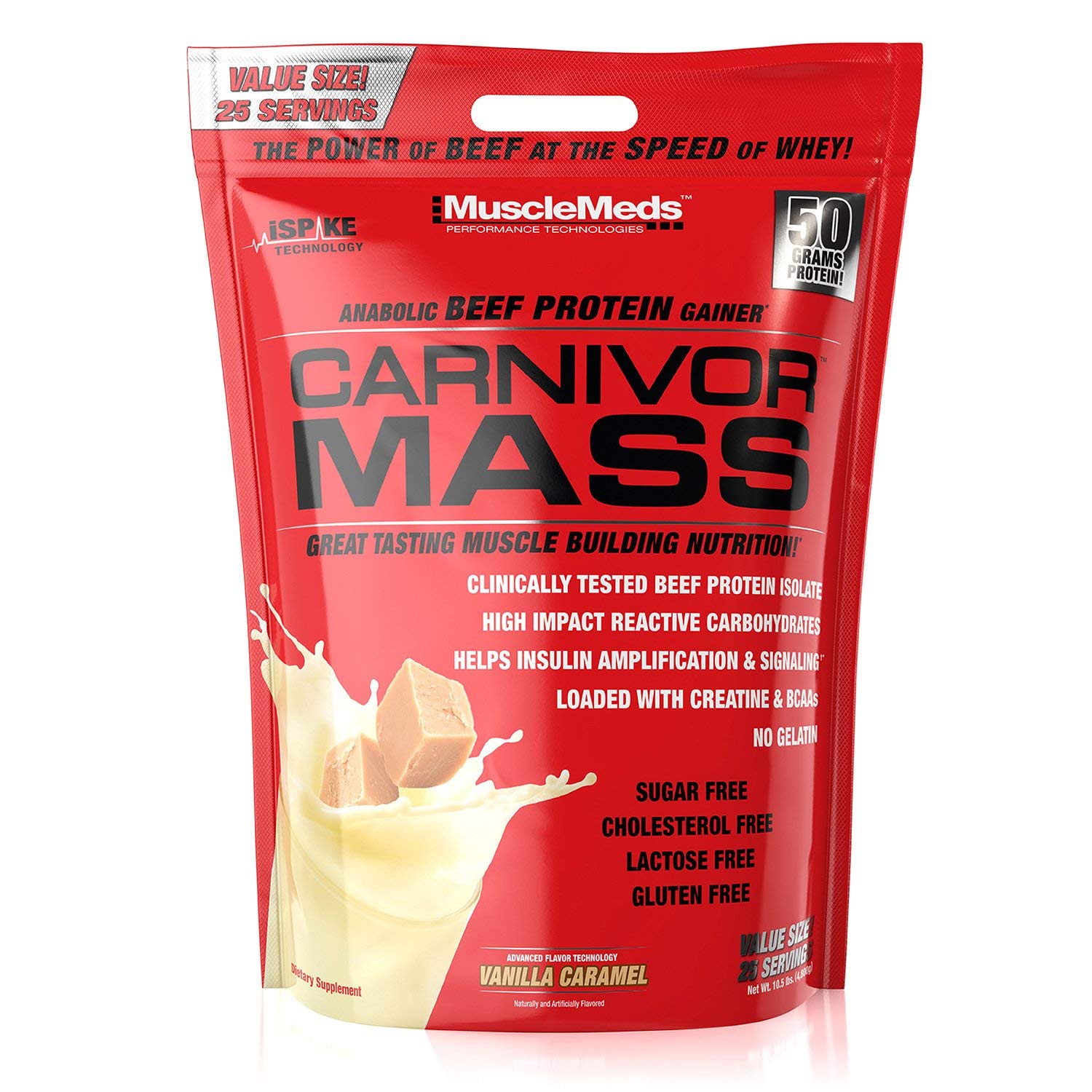 MuscleMeds Carnivor Mass Anabolic Beef Protein Gainer, Vanilla Caramel, 10 Pounds
