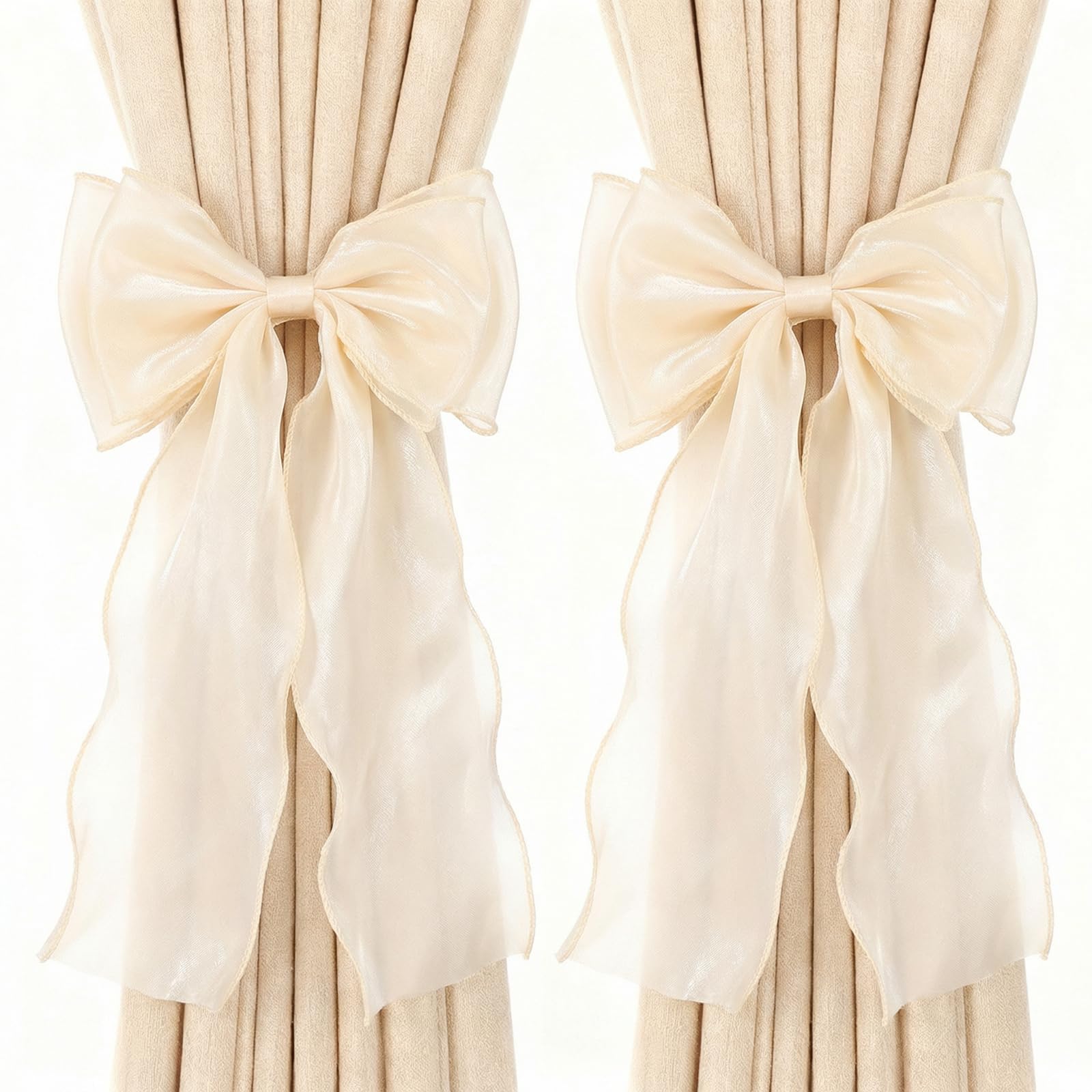 2 Pack Bow Curtain Tiebacks, Beige Curtain Tie Backs Holdbacks French Silk Bow Room Decor, Elegant Decorative Curtains Strap for Home Bedroom Offices Dining Rooms Wedding Party Décor (Beige)