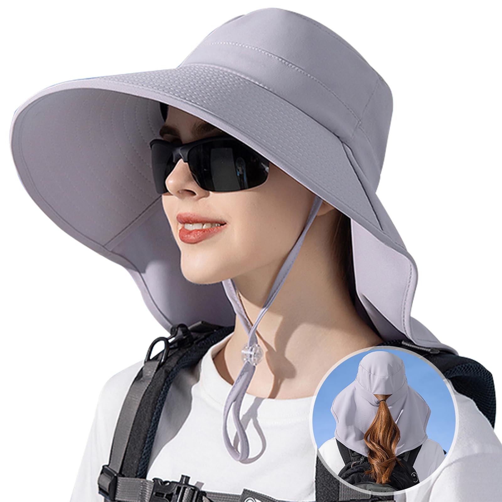 RuqizhiSun Hats for Women with Neck Flap Ponytail Hole Women Sun Hats Rollable UV Protection Fishing Hats Wide Brim UPF 50+