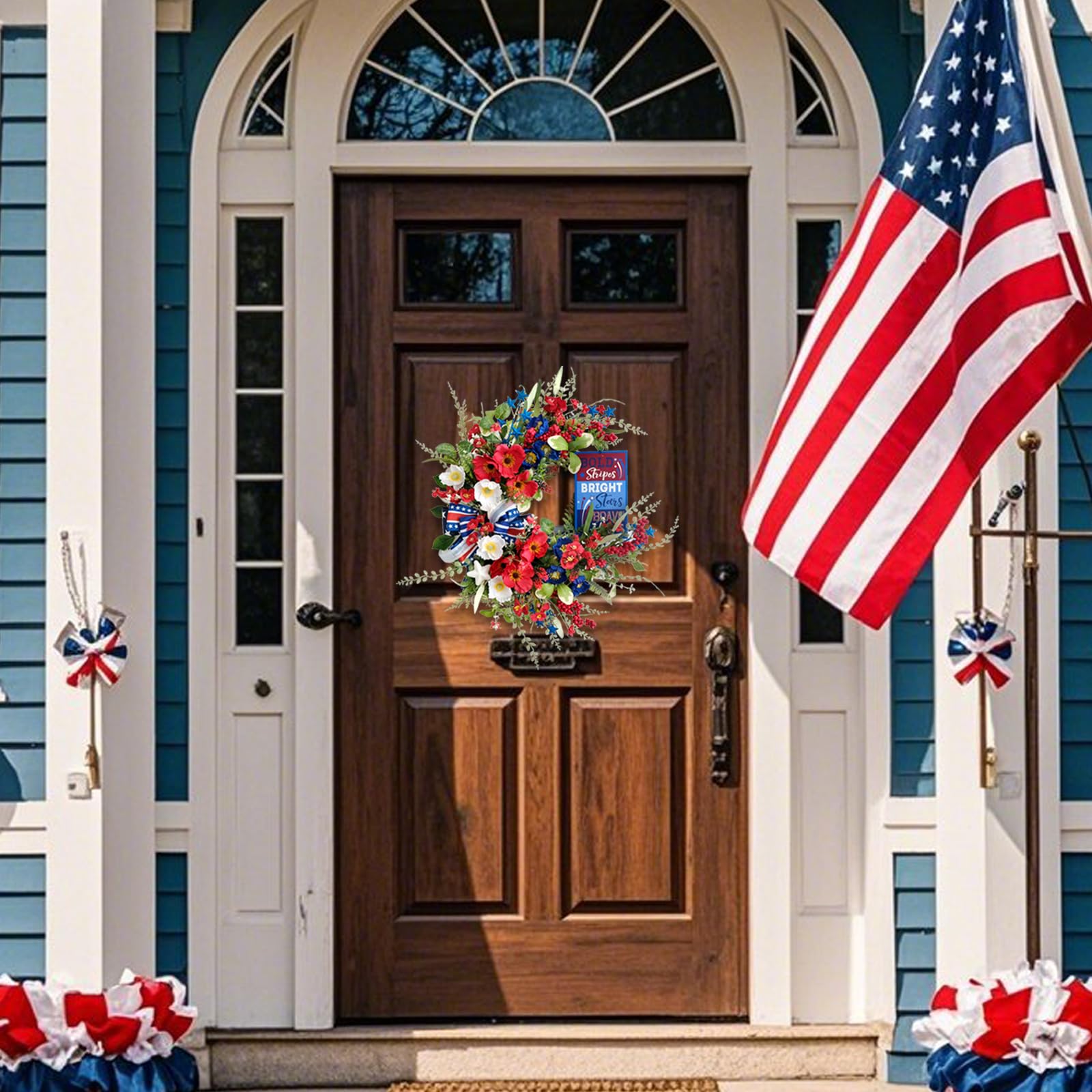 Couronne patriotique fabriquée à la main pour porte d'entrée – Couronne du 4 juillet avec coquelicots en soie, étoiles en métal et nœud superposé, décoration d'intérieur et d'extérieur