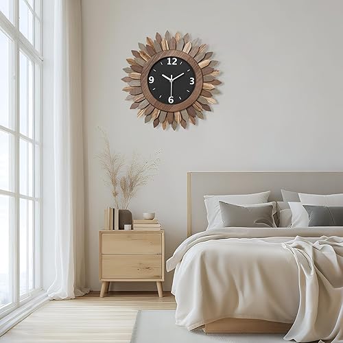 Miniatura 3 de Honiway Reloj de pared de 14 pulgadas, de madera rústica, bohemio, con rayos de sol, decorativo, funciona con pilas, silencioso, sin tictac, relojes
