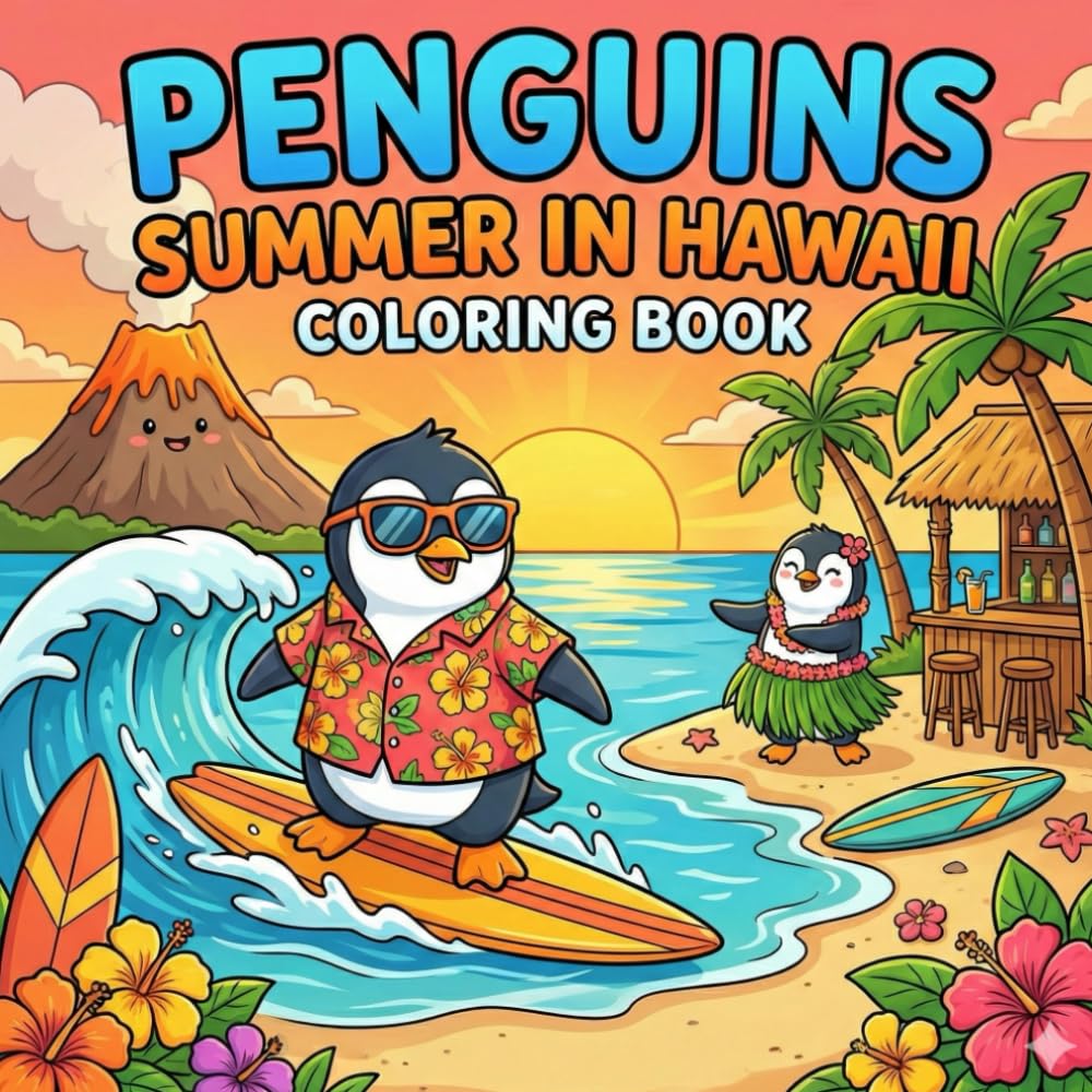 Penguins Summer in Hawaii Coloring Book: A Whimsical Coloring Book of Penguins on a Hawaiian Vacation | Funny Anthropomorphic Animals for Kids and Adults
