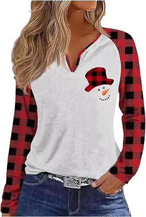 Christmas Snowman Snowflake Leopard Striped T-Shirt Women Cute Graphic Long Sleeve Casual Tunics Tops
