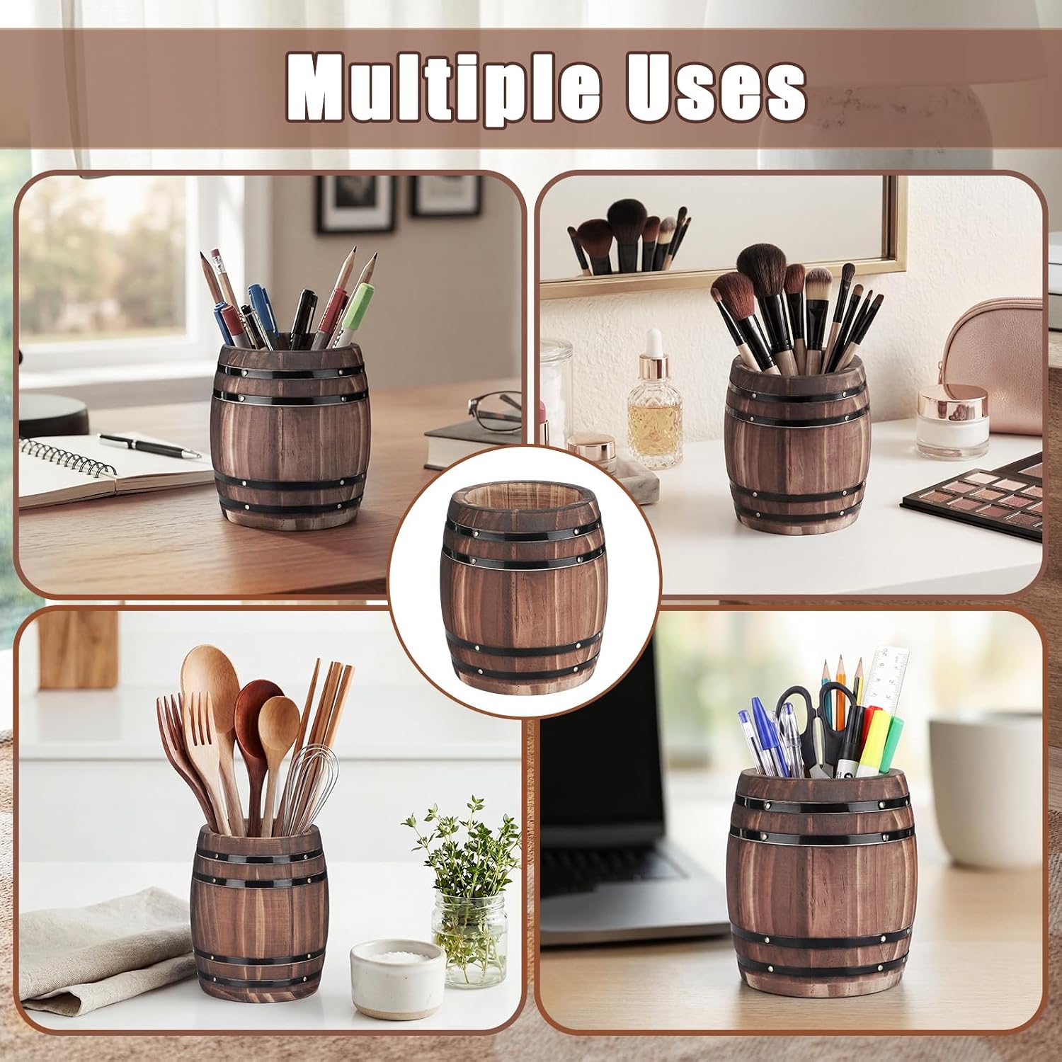Wine Barrel Pen & Pencil Holders Accessories Wooden Desktop Pencil Holder Containers Farmhouse Stationery Organizer Stand for Office Table Desk Accessory (2 Pcs)