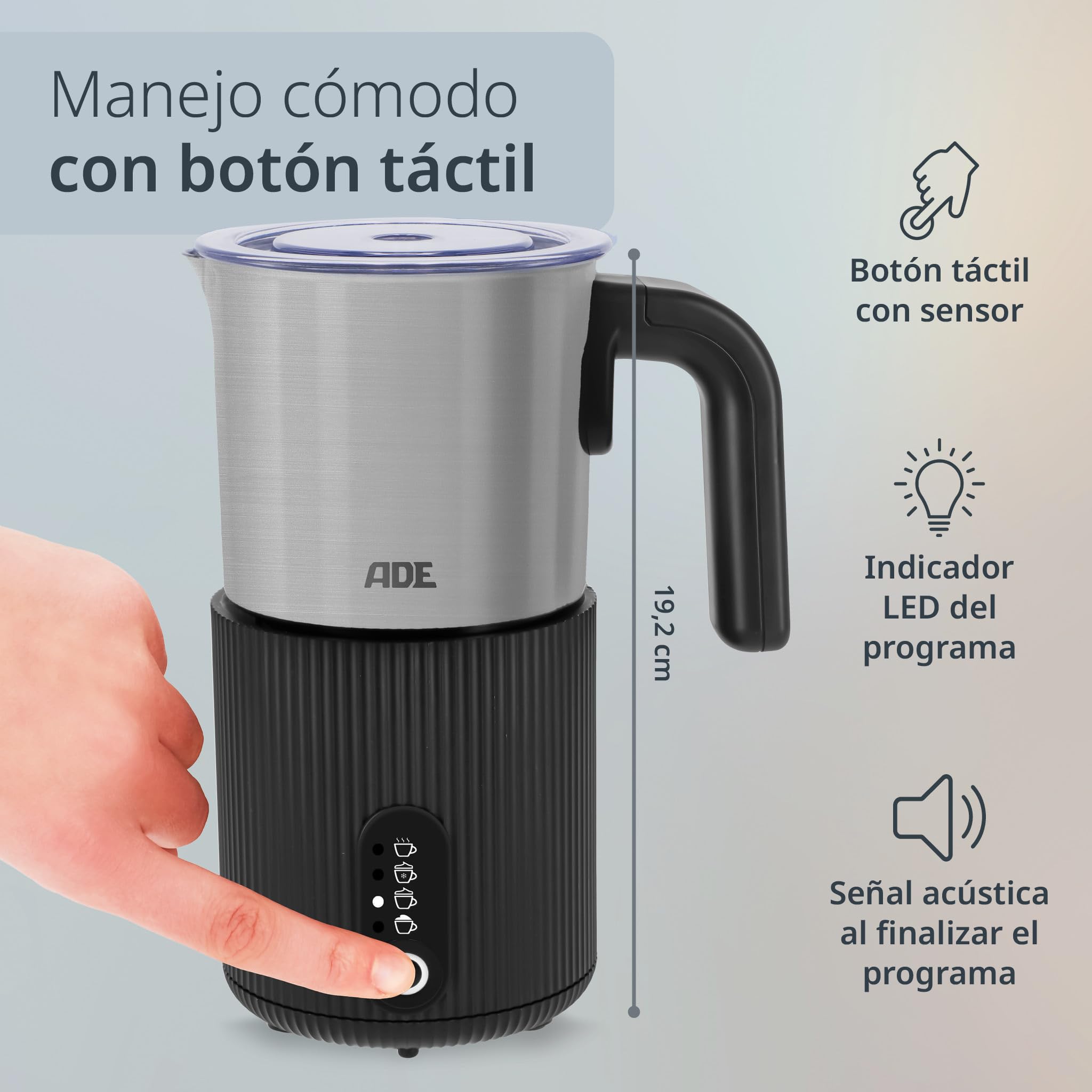 ADE Espumador de Leche Eléctrico 4en1 | para espuma de leche caliente y fría + calienta leche | recipiente inox extraíble | para capuchino, latte macchiato, café helado, cacao | 300 ml | 500 W