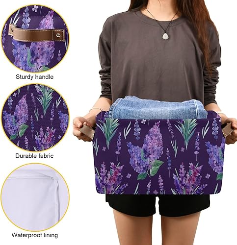 Miniatura 2 de Cesta de almacenamiento plegable grande de flores de lavanda, contenedor de almacenamiento floral morado, caja de juguetes de tela, bolsa