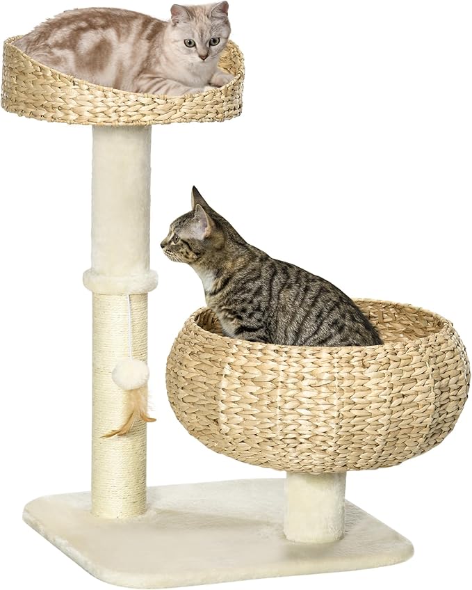 PawHut 28″ Elevated Cat Bed with Sisal Scratching Post for Indoor Kitties, Modern Cat Tree with Cute Basket Design, Small Cat Tree with Fun Ball Toy