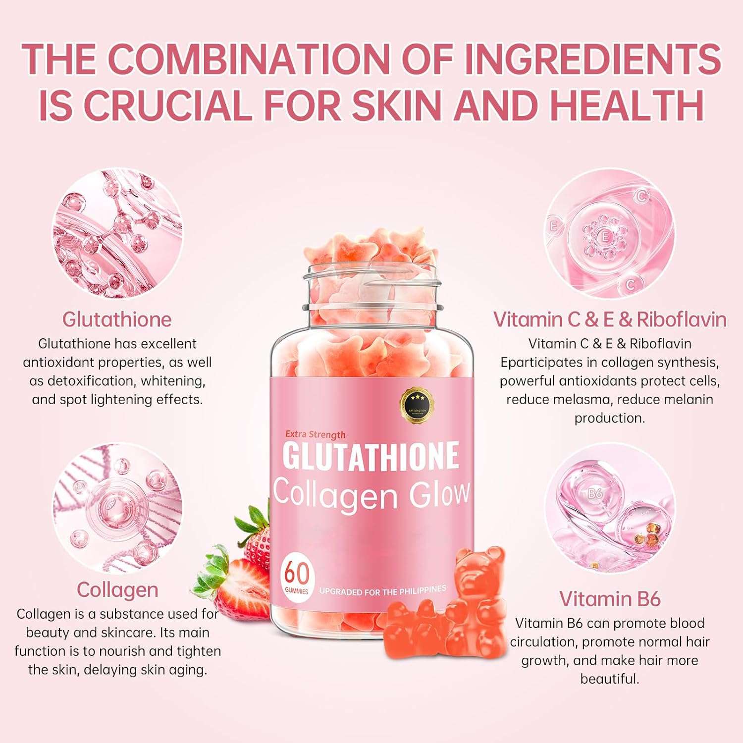 Glutathione Collagen Glow Gummies for Women, Glutathione Collagen Glow Gummies for Dark Spot, 60/120Pcs Korean Organic Glow Beauty Collagen for Skin Care Anti-Aging (1) - Image 5