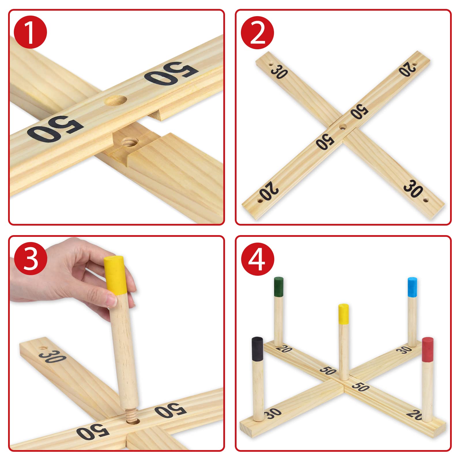 Jeu de lancer d'anneaux en bois avec 5 anneaux en nylon et 5 barres colorées, amusant pour enfants et adultes