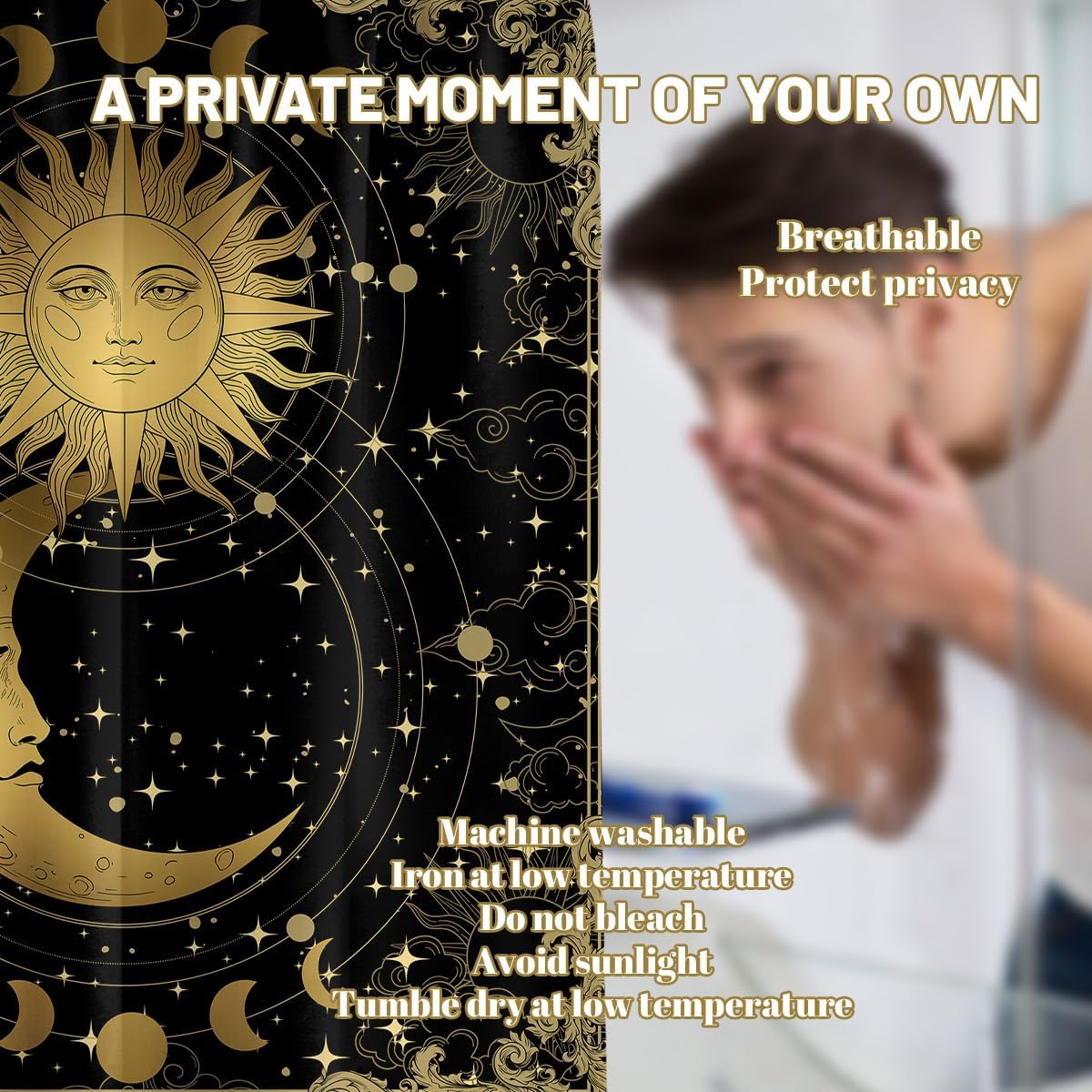 Celestial Shower Curtain Sun and Moon Phase Shower Curtains for Tarot Witchy Bathroom Decor Sets, Waterproof Cloth Fabric with Hooks, 108x72 Inch