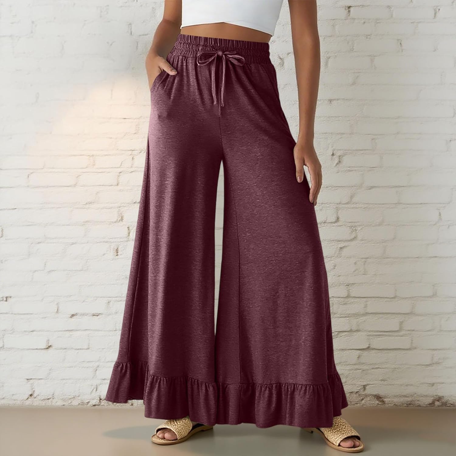 Womens Wide Leg Pants Drawstring Elastic High Waisted Ruffle Hem Palazzo Pant with Pockets Casual Baggy Solid Slack