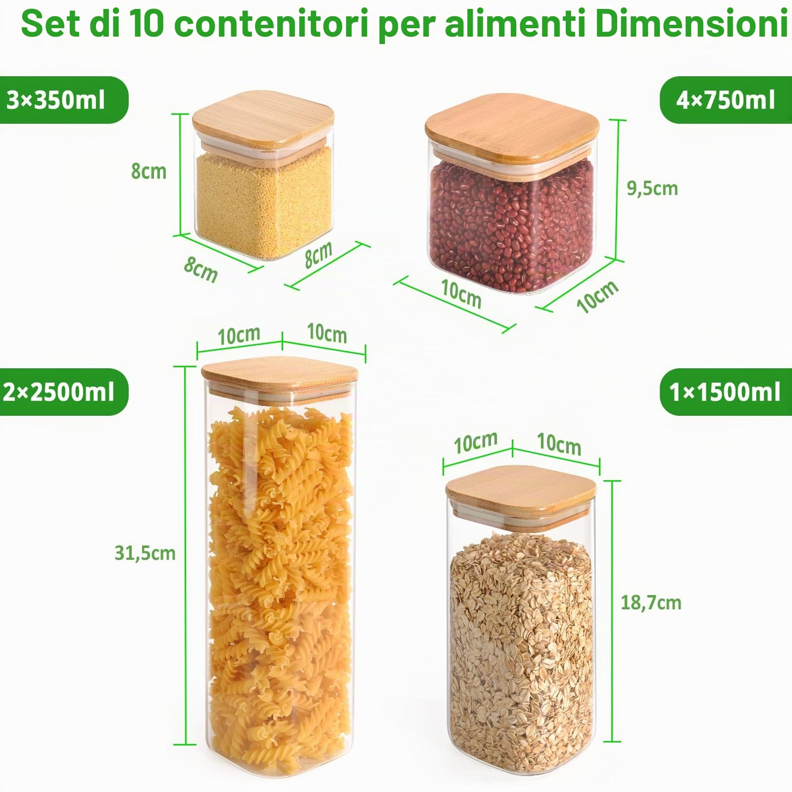 FINEW Set di 10 barattoli in vetro con coperchio, rettangolari, 2500 ml/1500 ml/750 ml/350 ml, grandi contenitori ermetici, per spaghetti, cereali, farina, spezie