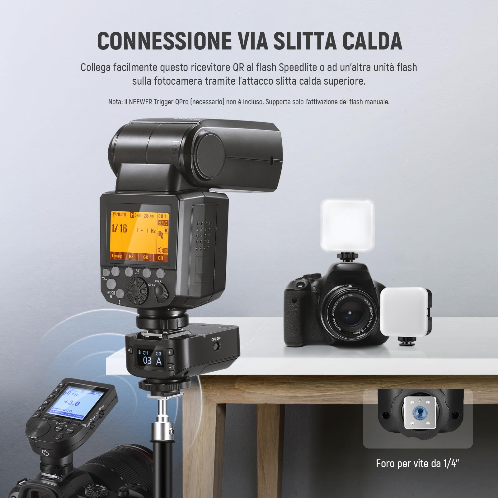 NEEWER Ricevitore di Flash Wireless QR 2,4G per NEEWER Trigger QPRO-C, QPRO-N, QPRO-S, Contatto Singolo con Porta Sinc 2,5mm, Filettatura 1/4", Compatibile con Godox Aputure NEEWER Vision4 ML300W S101