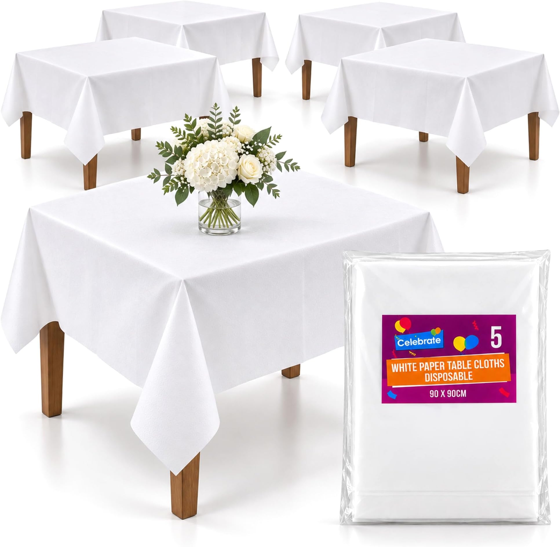 SOL 5pk White Paper Table Cloths Disposable, Thick Absorbent Covers 90x90cm