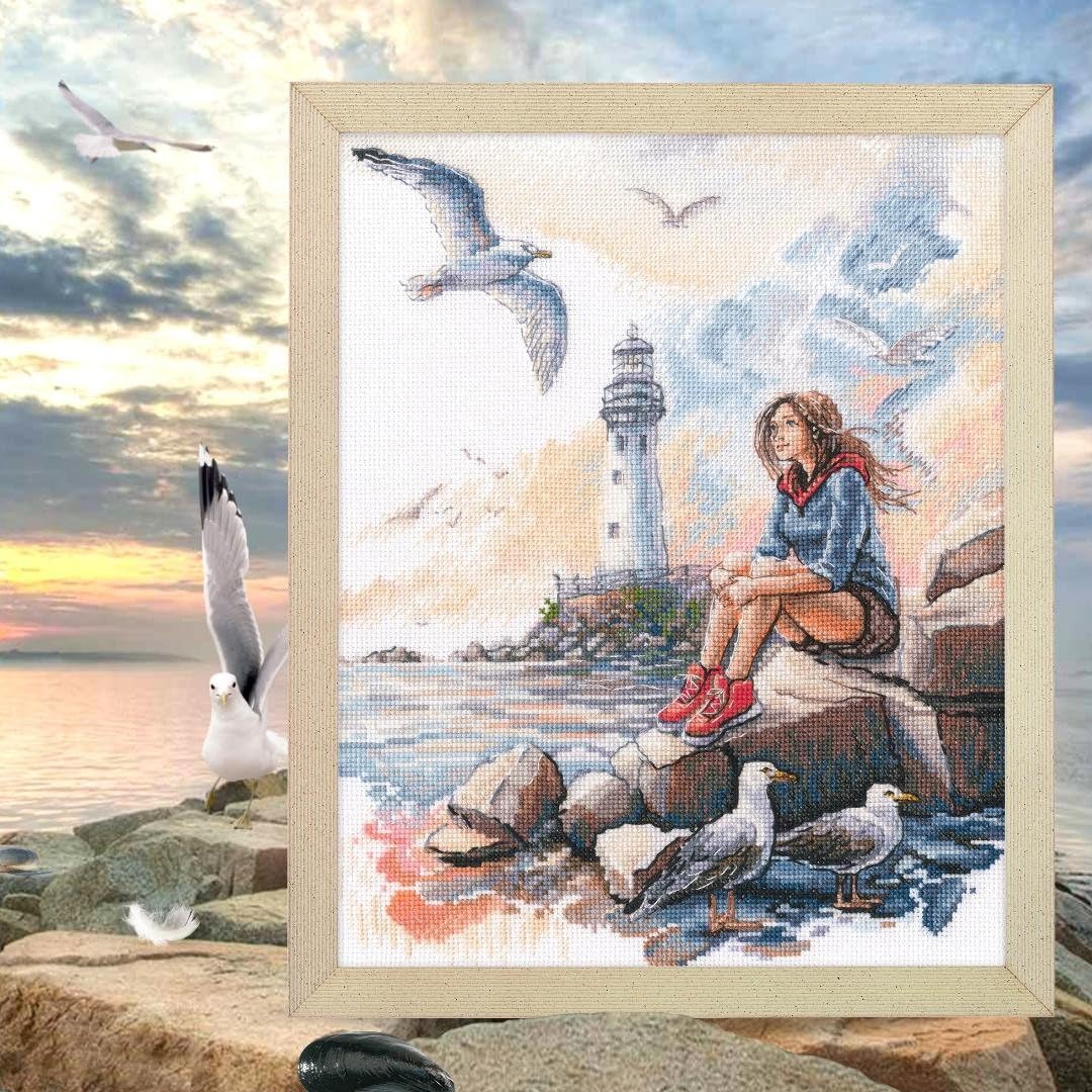 RTO Zestaw do haftu krzyżykowego z latarnią morską i grillem M1048, 22,5 x 28 cm / 8,9 cala x 11,1 cala, pejzaż morski z mewami, biała Aida, nici DMC, zestawy do haftowania DIY