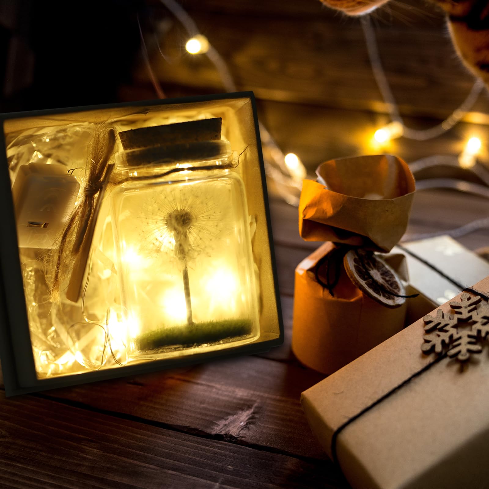 JIZZU Verdadero Diente de León en un Frasco, Regalo amiga Originales con Cordel de Luz, Cumpleaños Día San Valentín Boda Día Madre Regalos Navidad